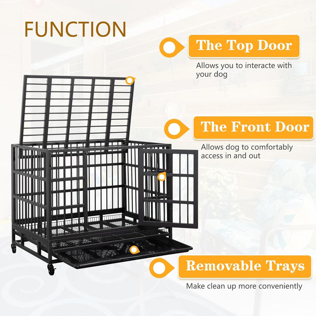 JY QAQA 48/38 Inch Heavy Duty Indestructible Dog Crate Double Doors Escape Proof Cage Kennel,Enhanced Metal Pet Cage,Extra Large Crate Indoor for Large Dog with Removable Tray and Lockable Wheels