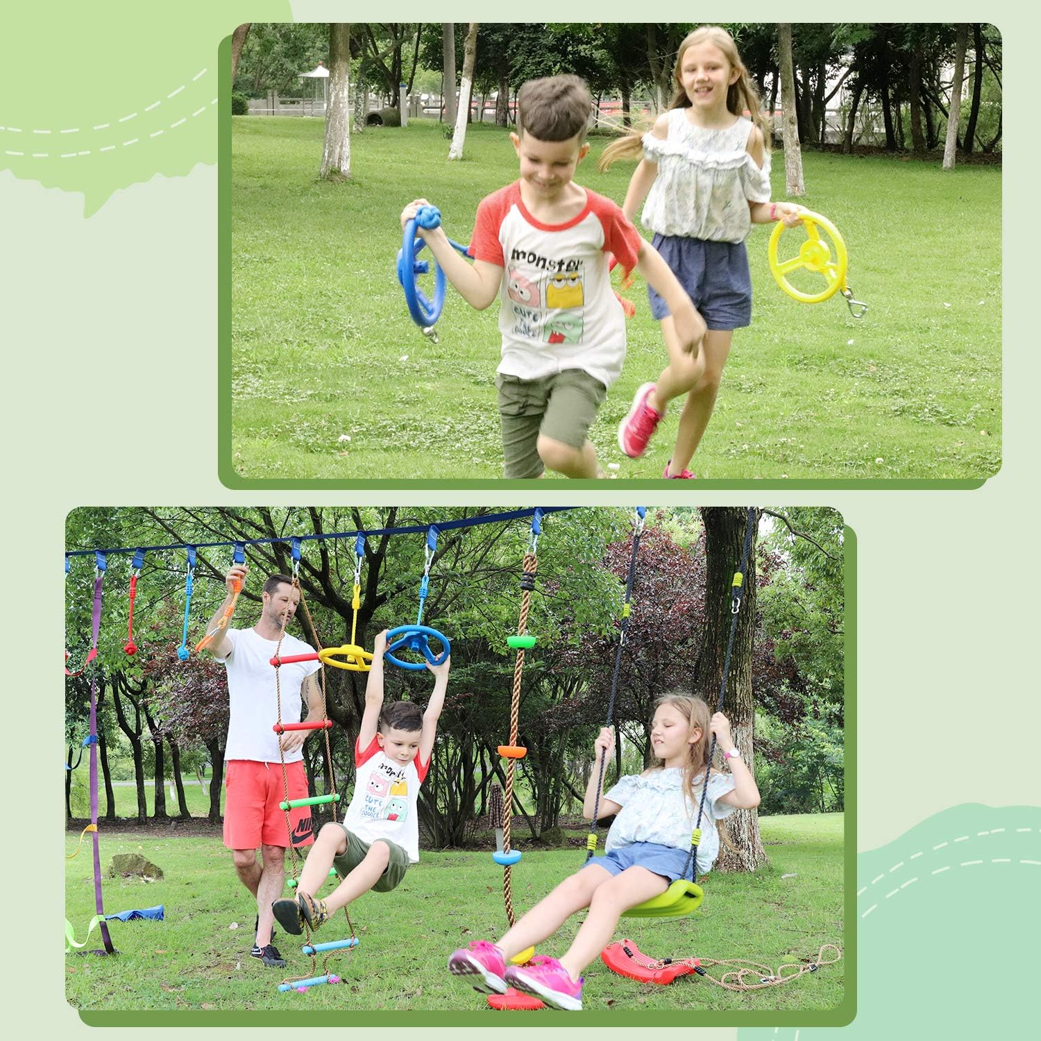 Rainbow Craft 3-Pack Ninja Monkey Wheels，Obstacle Course & Swing Set Attachments for Kids ，Outdoor Backyard Playground Accessory，Red, Blue & Yellow