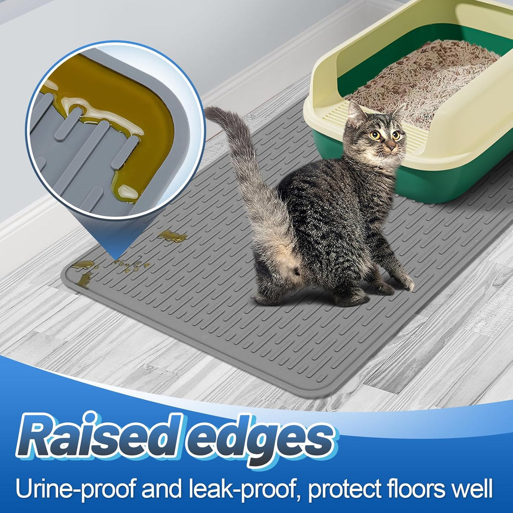 Easy Clean Silicone Cat Mat for Litter Box - 33.7" x 22" Waterproof Non-Slip Kitty Litter Trapping Mat for Protecting Floor, Less-Mess Food Water Mat for Indoor, Gray