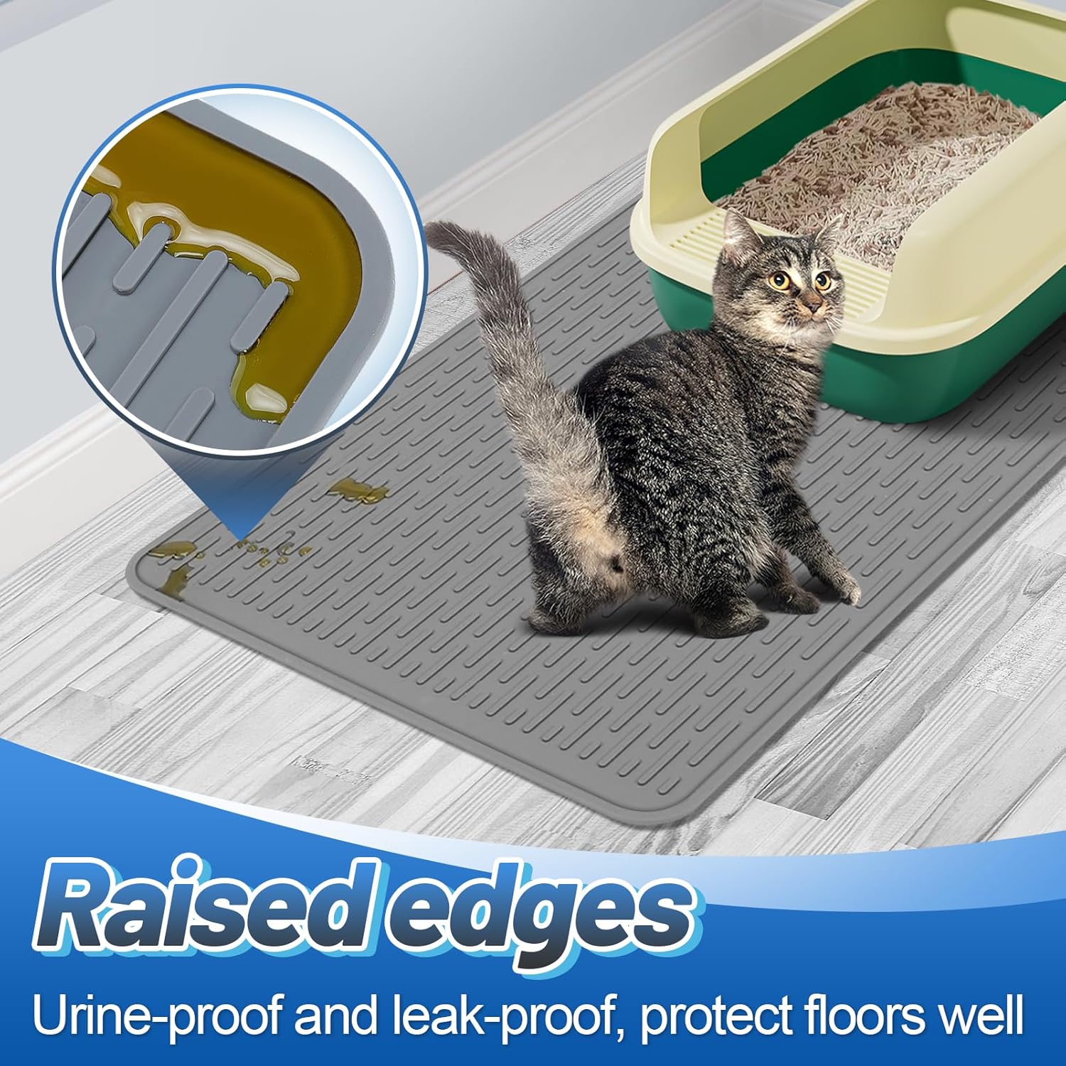 Easy Clean Silicone Cat Mat for Litter Box - 33.7" x 22" Waterproof Non-Slip Kitty Litter Trapping Mat for Protecting Floor, Less-Mess Food Water Mat for Indoor, Gray