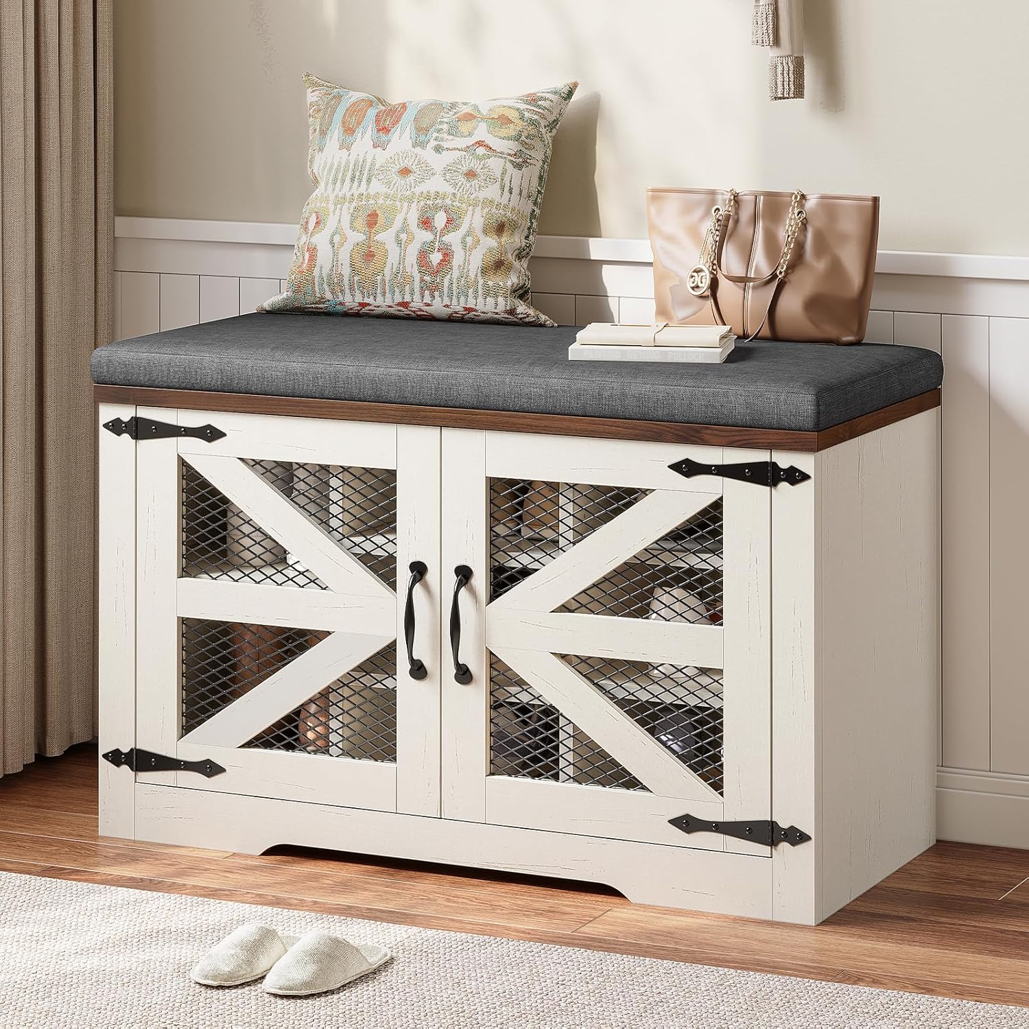 Farmhouse Storage Bench with Cushion, Metal and Wood Shoe Rack Organizer, Adjustable Shelf, Shoe Cabinet with Half Hidden Storage Space, for Entryway, Bedroom, Living Room (Old White, 31.4in)