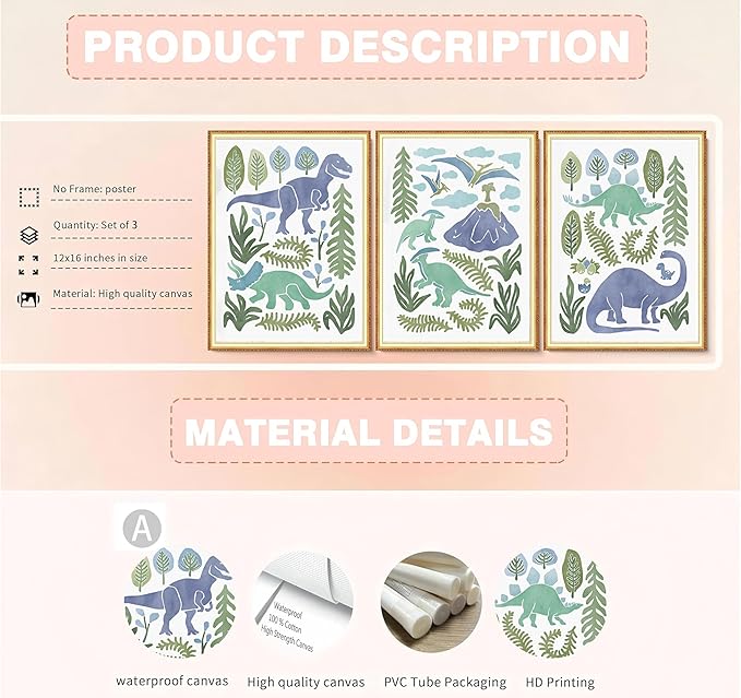 Baby Boys Nursery Wall Art Blue Green Dinosaur Pictures Wall Decor Stegosaurus T-Rex Triceratops Pterodactyl Posters Artwork Watercolor Dino Painting Canvas Prints for Kids Room Toddler Boy Room Decor