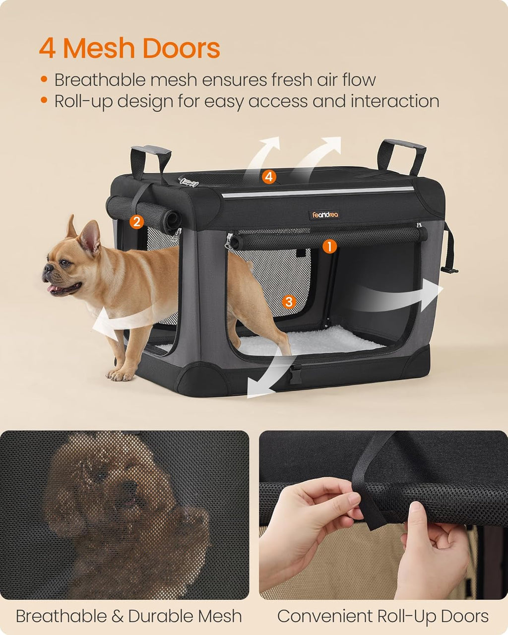 Feandrea Collapsible Dog Crate, 24-Inch Portable Dog Travel Crate for Small Dogs, Oxford Fabric Pet Carrier with 4 Mesh Doors, Handles, Storage Pocket, Water Bottle Holder, Ink Black UPDC016B01