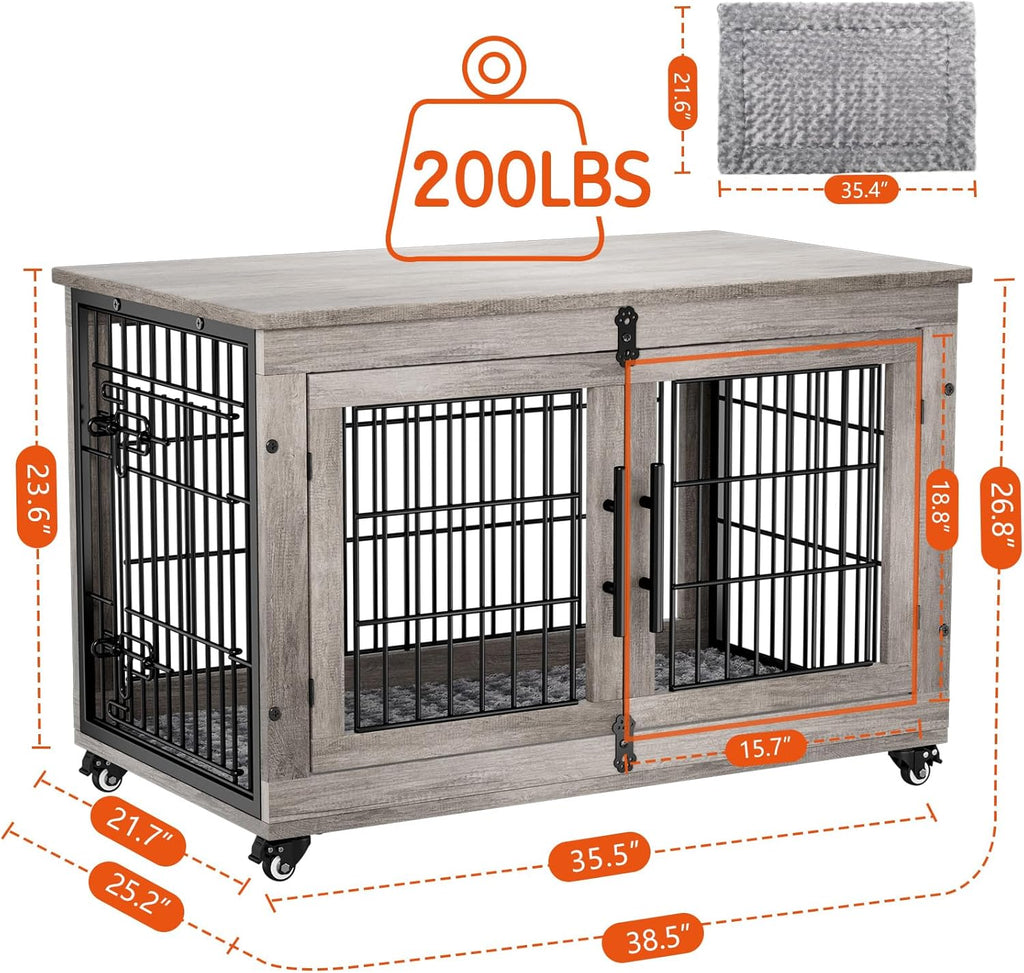 Lulive Large Dog Crate Furniture, 38'' Wooden Dog Crate End Table, Double Door Dog Kennel Indoor with Cushion & Wheels, Decorative Dog Cage House Chew-Resistant for Large/Medium, Grey