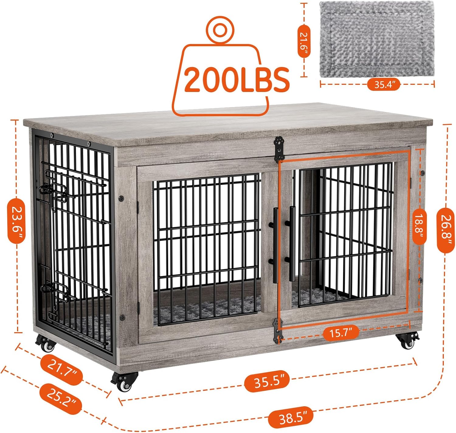 Lulive Large Dog Crate Furniture, 38'' Wooden Dog Crate End Table, Double Door Dog Kennel Indoor with Cushion & Wheels, Decorative Dog Cage House Chew-Resistant for Large/Medium, Grey