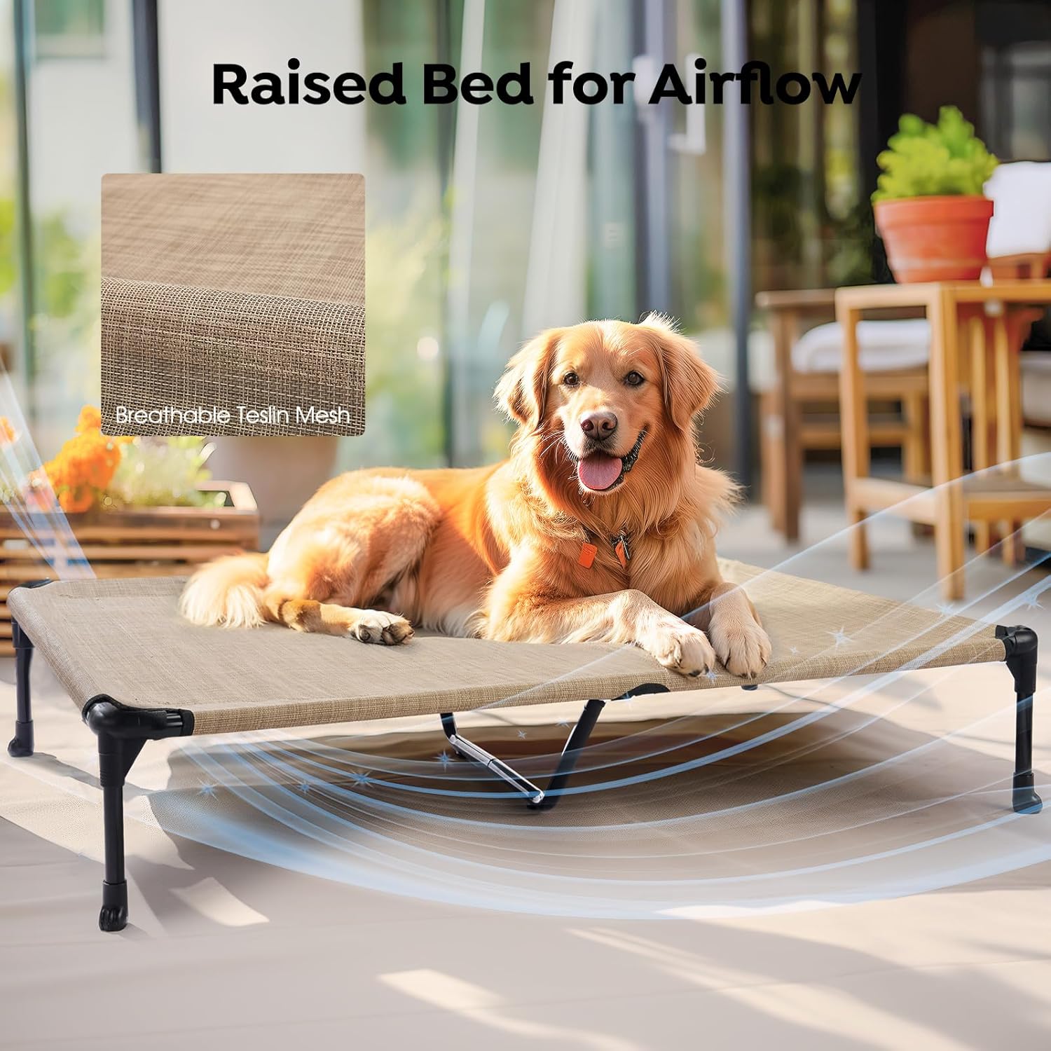Veehoo Cooling Elevated Dog Bed Add Removable Waterproof Bolster Cushion Mat, Raised Pet Cot with Breathable Teslin Mesh, No-Slip Feet, Dog Couch Bed for Indoor Outdoor, 59x37.5inches, Beige, CWC2331B