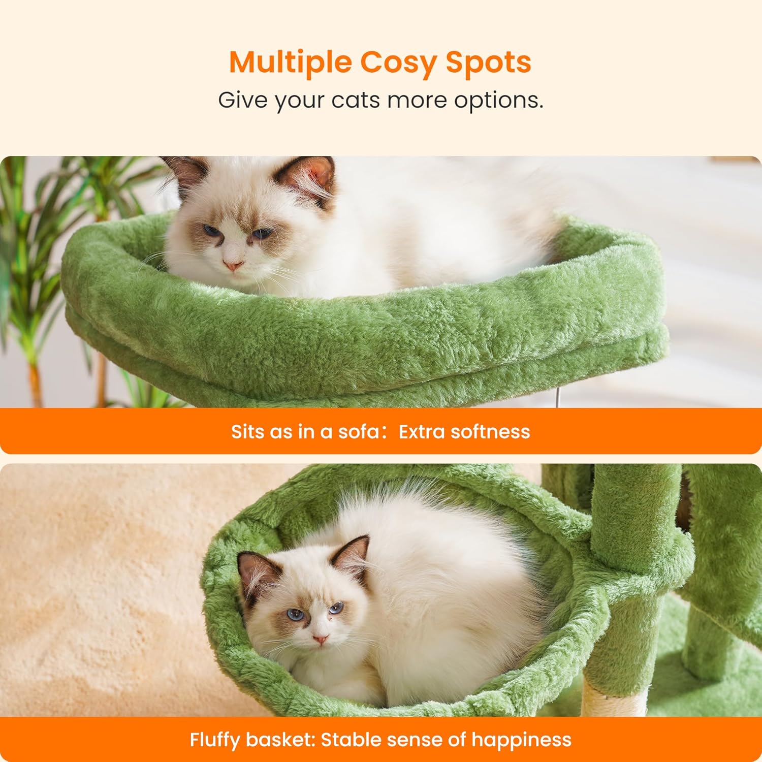 Heybly Cat Tree with Cat Self Groomer Brush, Cat Tower Condo for Indoor Cats with Padded Plush Perch, Cat House with Basket Scratching Board Post, Green HCT005SGR