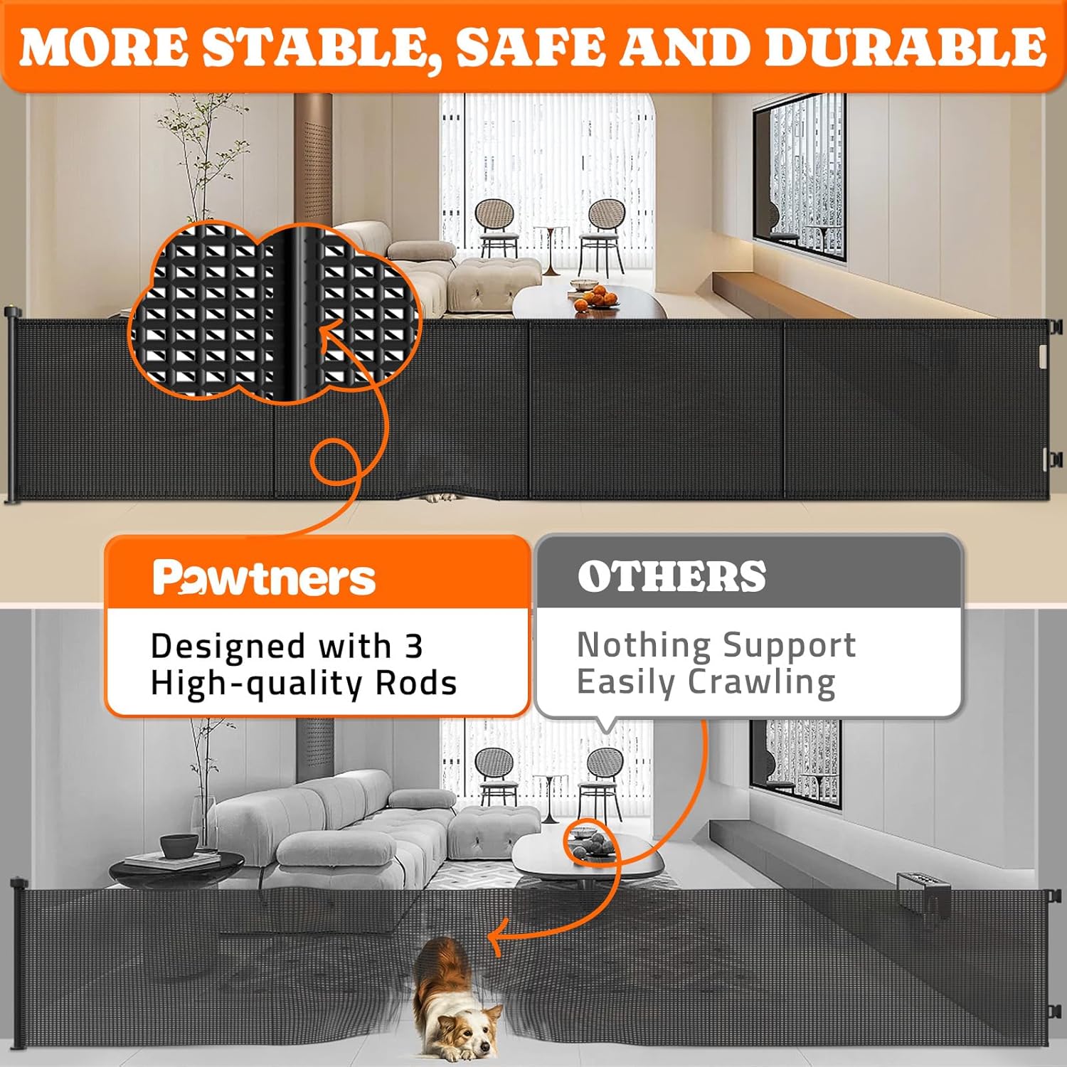 Pawtners Retractable Baby Gates Extra Wide, 41" Tall Extends up to 200" Wide, Dog Gate Indoor for Stairs, Pet Gate with Support Rods for Doorways Hallways Garage Indoor & Outdoor-Black