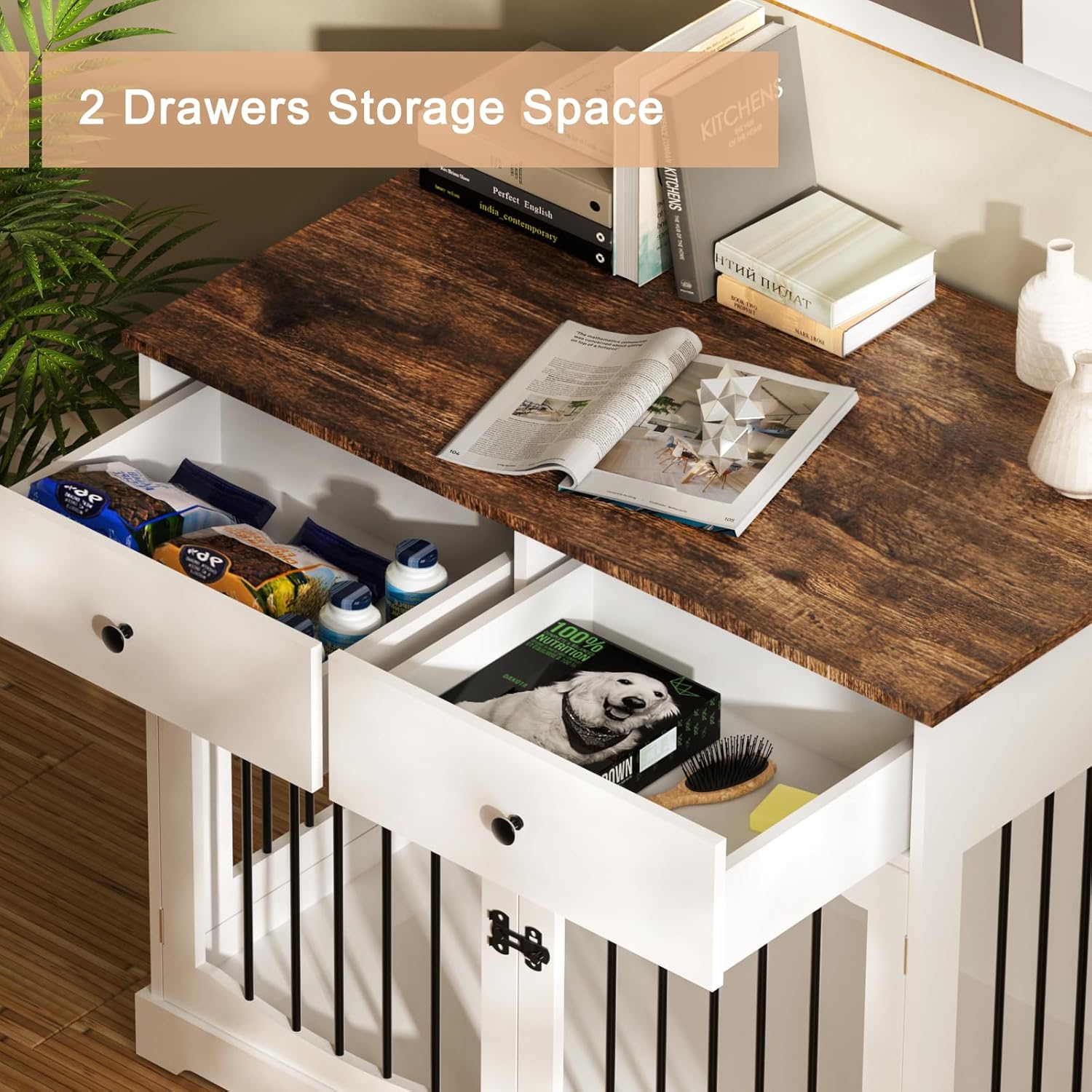 BREEZEHEAT 40 inch Dog Crate Furniture-Farmhouse Dog Kennel with Drawers-End Table Wooden Pet Crate, Double Door Design, Decorative Dog House Indoor for Small Medium Large Dog, White