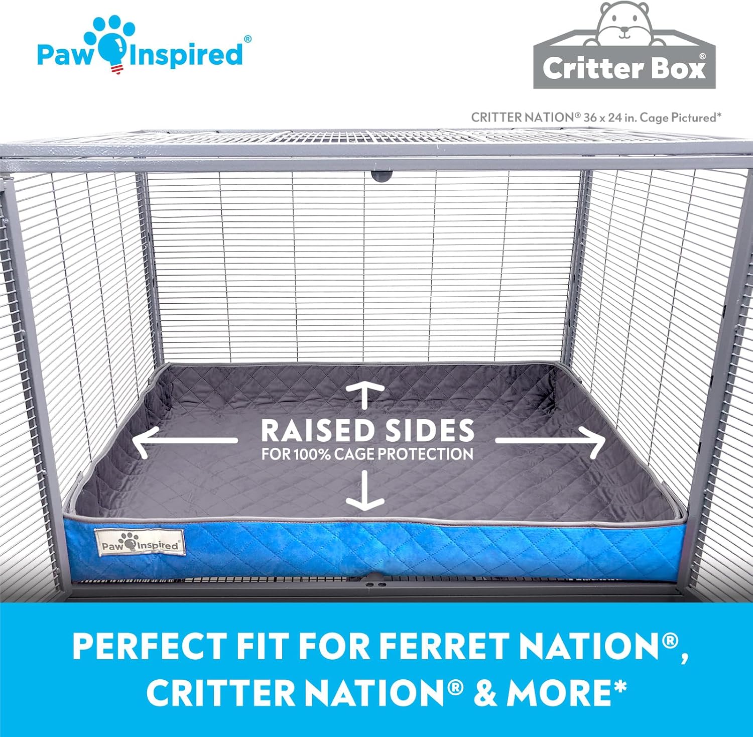 Paw Inspired Critter Box Washable Cage Liner, Reversible Fleece Bedding with Raised Sides for Ferrets, Guinea Pigs, Rats, Chinchillas, and Other Small Animals (Critter Nation/Ferret Nation, Gray/Blue)