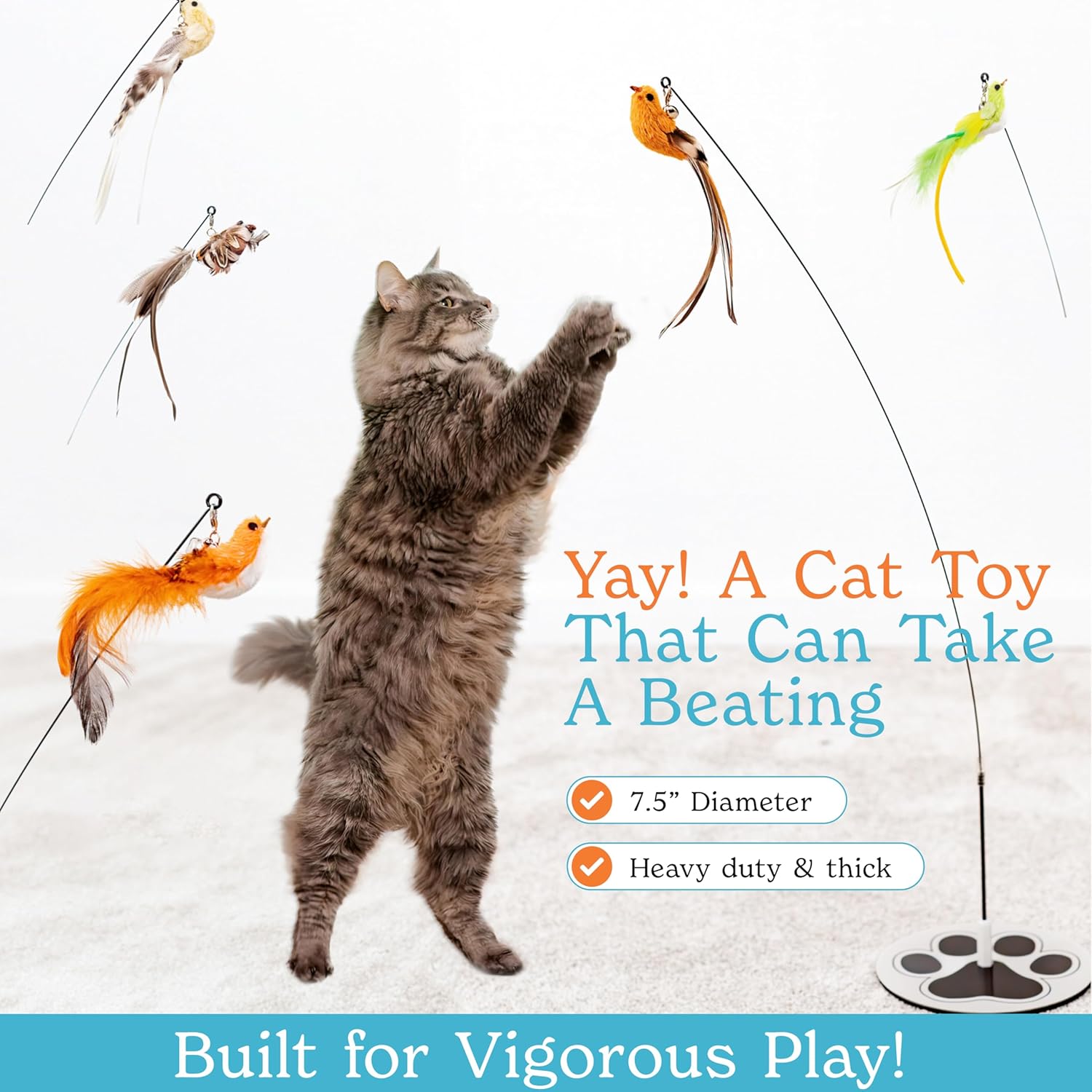 Interactive Bird Simulation Cat Toy Set for Bored Indoor Adult Cats Feather Toy Wand 5 Pcs Natural Bird Feathers Stable Round Base Wand Cat Toys for Indoor Cats Hunting Toys
