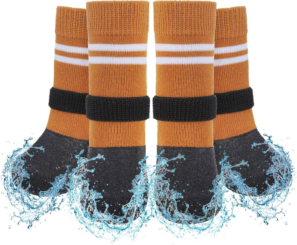 SCENEREAL Anti Slip Dog Boots & Paw Protectors for Hardwood Floor, Extended Dog Socks to Prevent Licking Paws, Waterproof Pet Snow Rain Shoe for Winter Large Senior Dogs, Khaki L