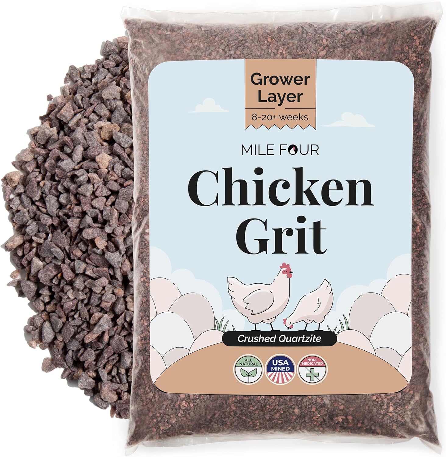 Chicken Grit for Layer & Grower Chickens Age 8-20+ Weeks - 100% Natural Mineral Chicken Grit Quartzite, Poultry Grit, USA Mined, 50 lbs