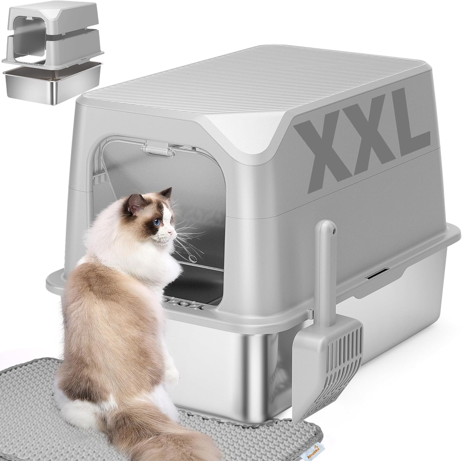 Stainless Steel Cat Litter Box with Lid, Extra Large, Great for Large & Small Cats, Easy to Clean, Anti-Leakage, Non-Sticky, Multifunctional 2 in-1 Metal Cat Litter Box - Light Gray