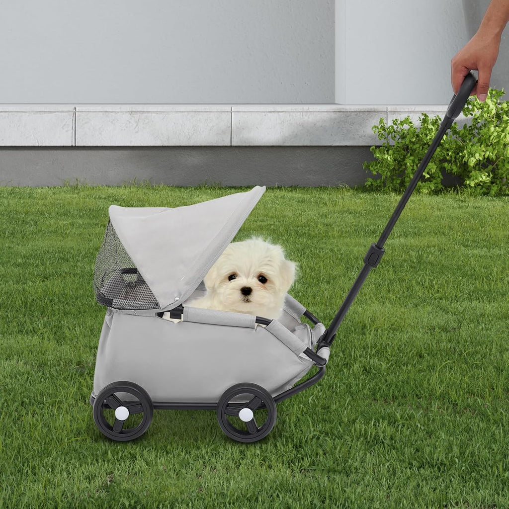 Small Dog Stroller, Pe4-Wheel Portable Dog & Cat Stroller with Semi-Open Design, Foldable Pet Cart with Canopy for Small Dogs or Cats Weighing Less Than 15.43 Pounds (Grey)