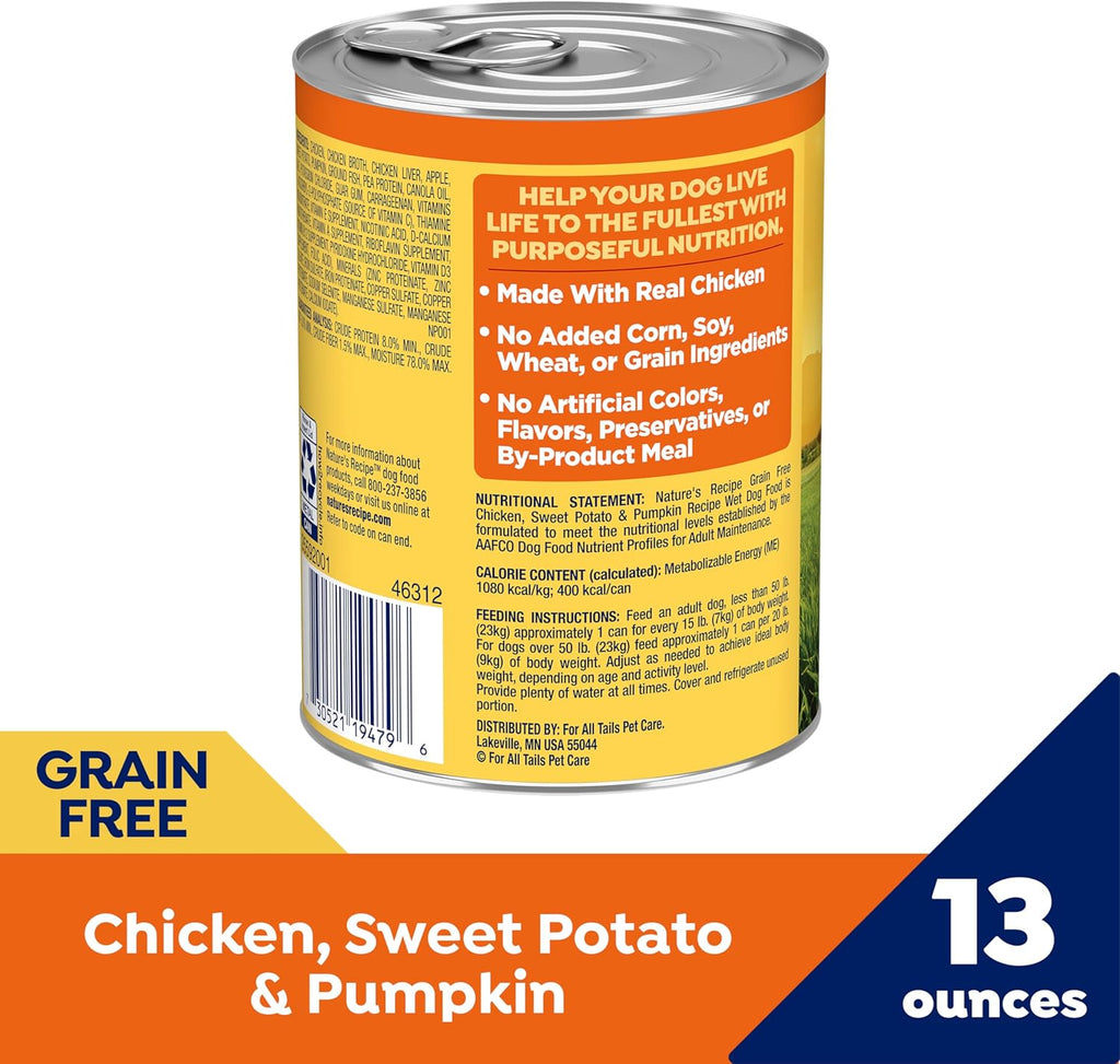 Nature's Recipe Grain Free Chicken, Sweet Potato, and Pumpkin Recipe Wet Dog Food, 13 oz. Can, 12 Count