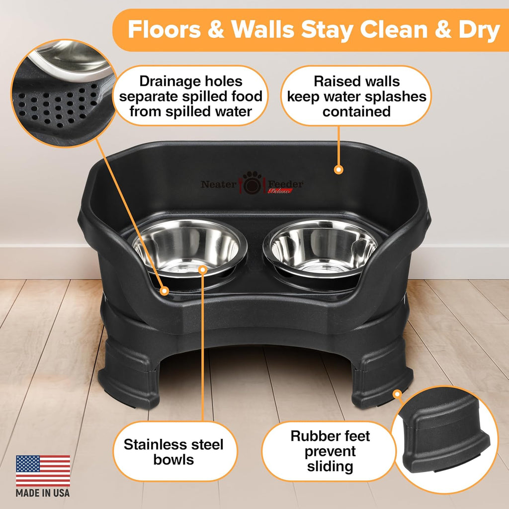 Neater Feeder Deluxe Mess Proof Dog Bowls Elevated for Small Breeds – Made in USA – No Spill Raised Dog Food Bowl Stand w/Leg Extensions – Stainless Steel Dog Food and Water Bowl Set – Black