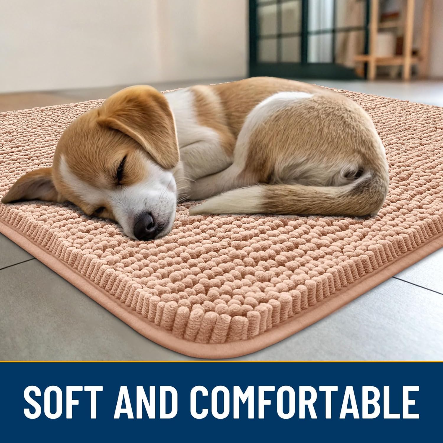 Smiry Dog Door Mat for Muddy Paws 30x20, Absorbs Moisture and Dirt Doormat, Non-Slip Washable Quick Dry Chenille Front Door Mat Indoor Entrance, Entryway Carpet for Inside Floor, Peach