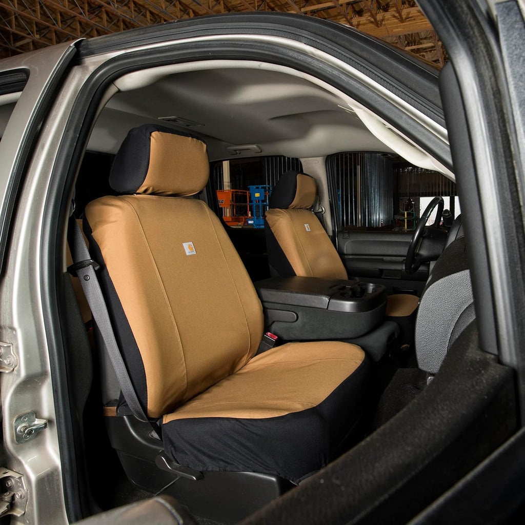Carhartt Universal Nylon Duck Canvas Fitted Bucket Seat Cover, Durable Seat Protection with Rain Defender, Single, Black and Carhartt Brown