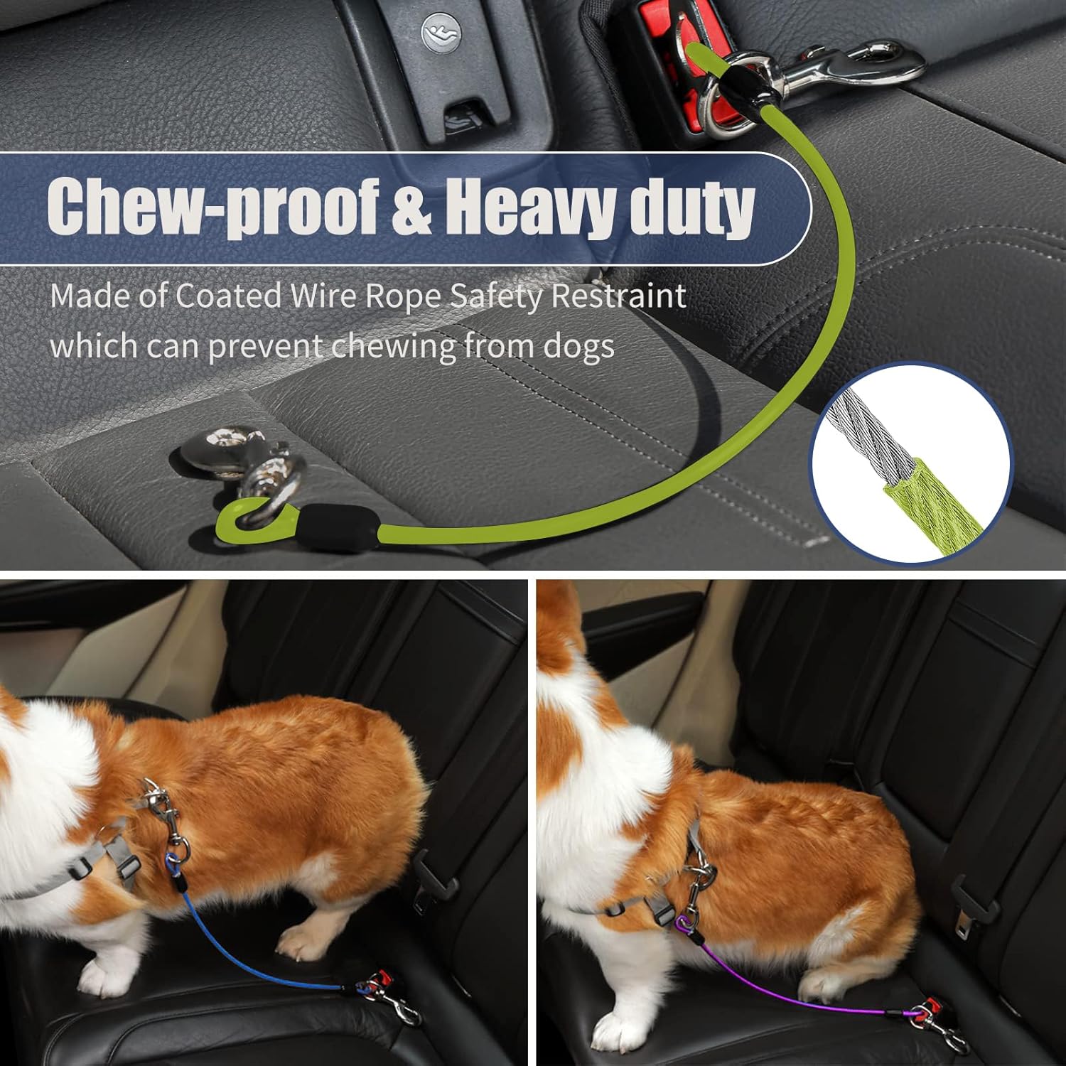 Dog Seat Belt Harness for Car,Dog Seatbelt of Coated Wire Leash Safety Restraint,No Chew Tether Cable Vehicle,Double Clips & Latch(Green, 24 inch/60 CM)