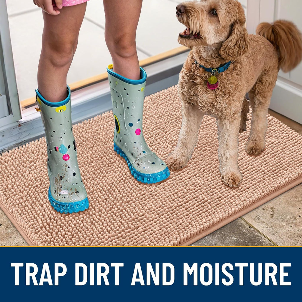 Smiry Dog Door Mat for Muddy Paws 30x20, Absorbs Moisture and Dirt Doormat, Non-Slip Washable Quick Dry Chenille Front Door Mat Indoor Entrance, Entryway Carpet for Inside Floor, Peach