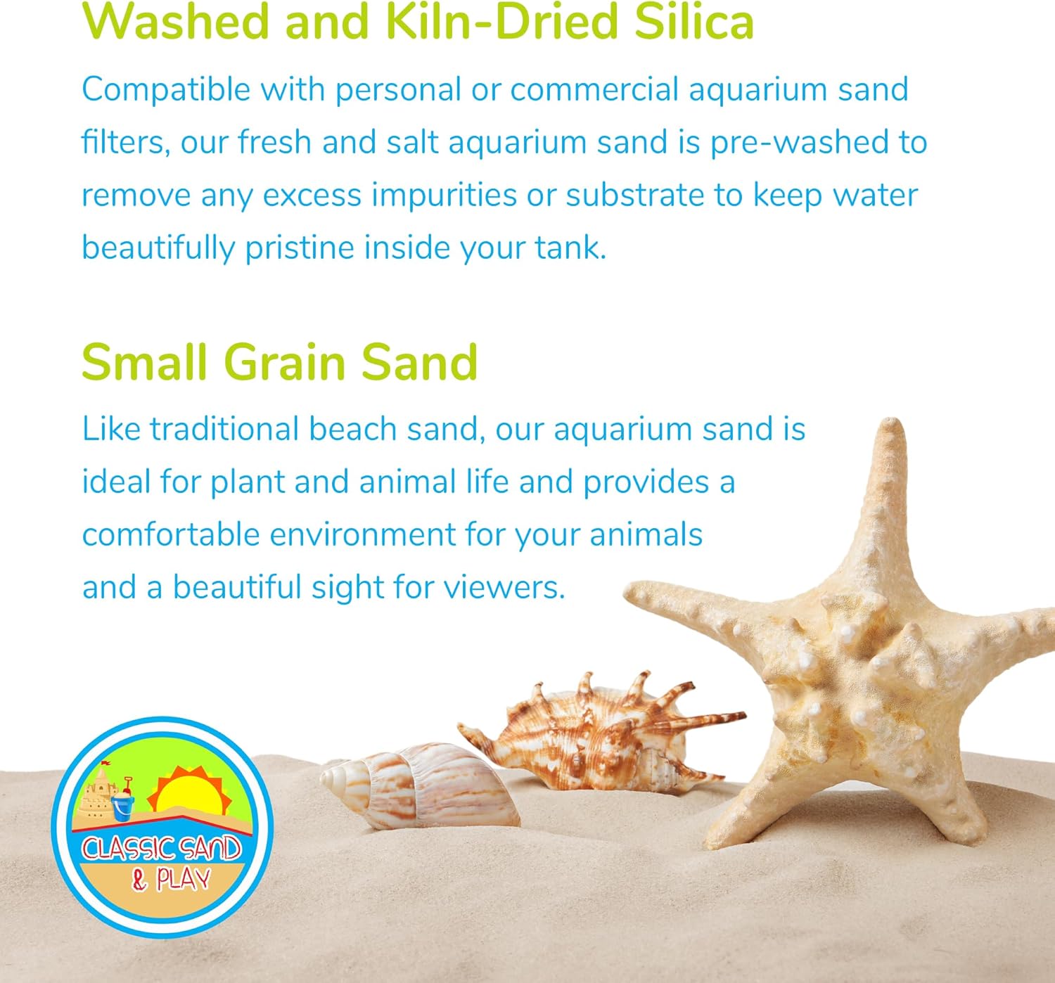 CLASSIC SAND & PLAY Natural Aquarium Sand for Freshwater and Saltwater Tanks, 40 lb. Bag, Improves Filter Life and Filtration Process, Pre-Washed Fine Sand, Green