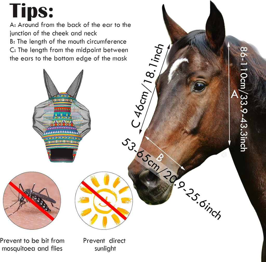 Qualirey12 Pieces Horse Fly Mask Bulk Comfortable Elasticity Mask for Horses with Ears Net UV Protection Breathable Horse Supplies Face Covering for Horse Pony and Foal (Geometric Patterns, Large)