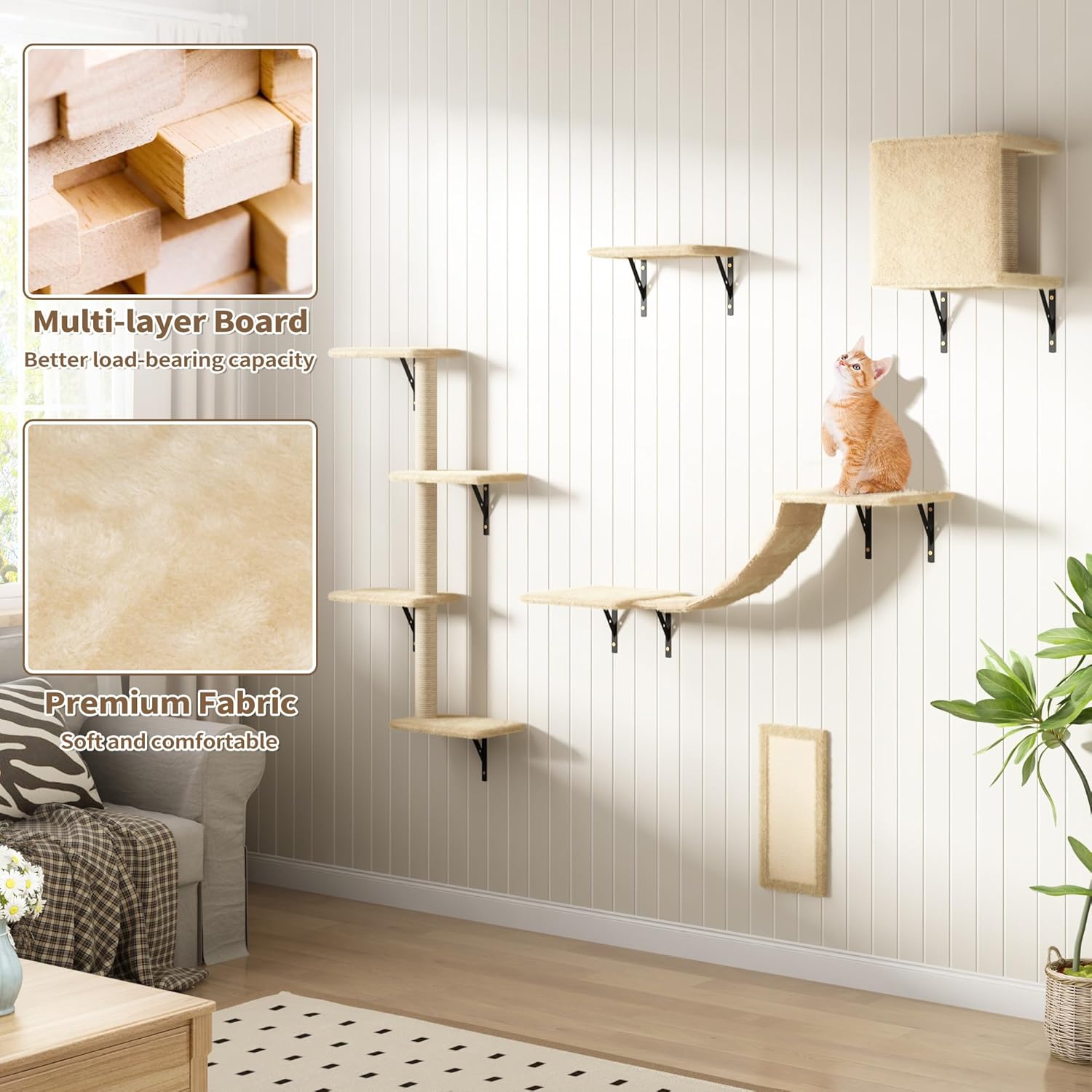COZIWOW Wall Mounted Cat Furniture, Cat Wall Shelves and Perches, Floating Cat Shelves for Wall Set of 5(Beige)