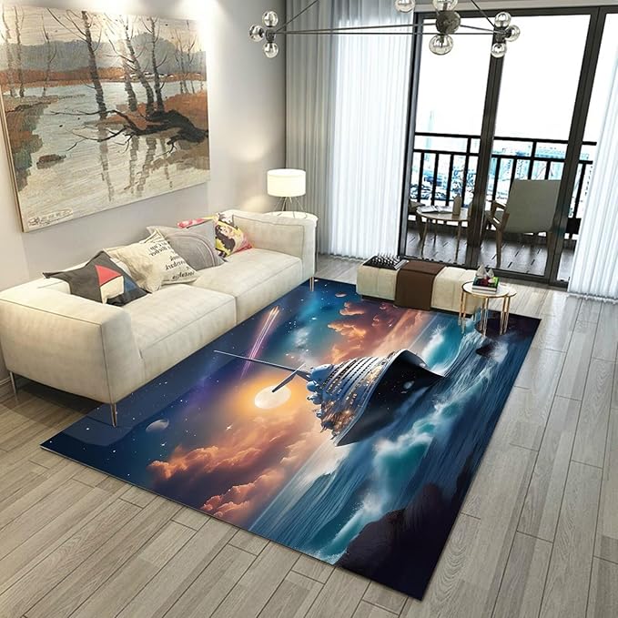 Nautical Ship Rug for Kids Room Galaxy Ferry Boat Rugs for Boys Bedroom Ocean Cloud Carpet Sun Planet Printed Throw Rugs for Teens Living Room,39 in x 79 in