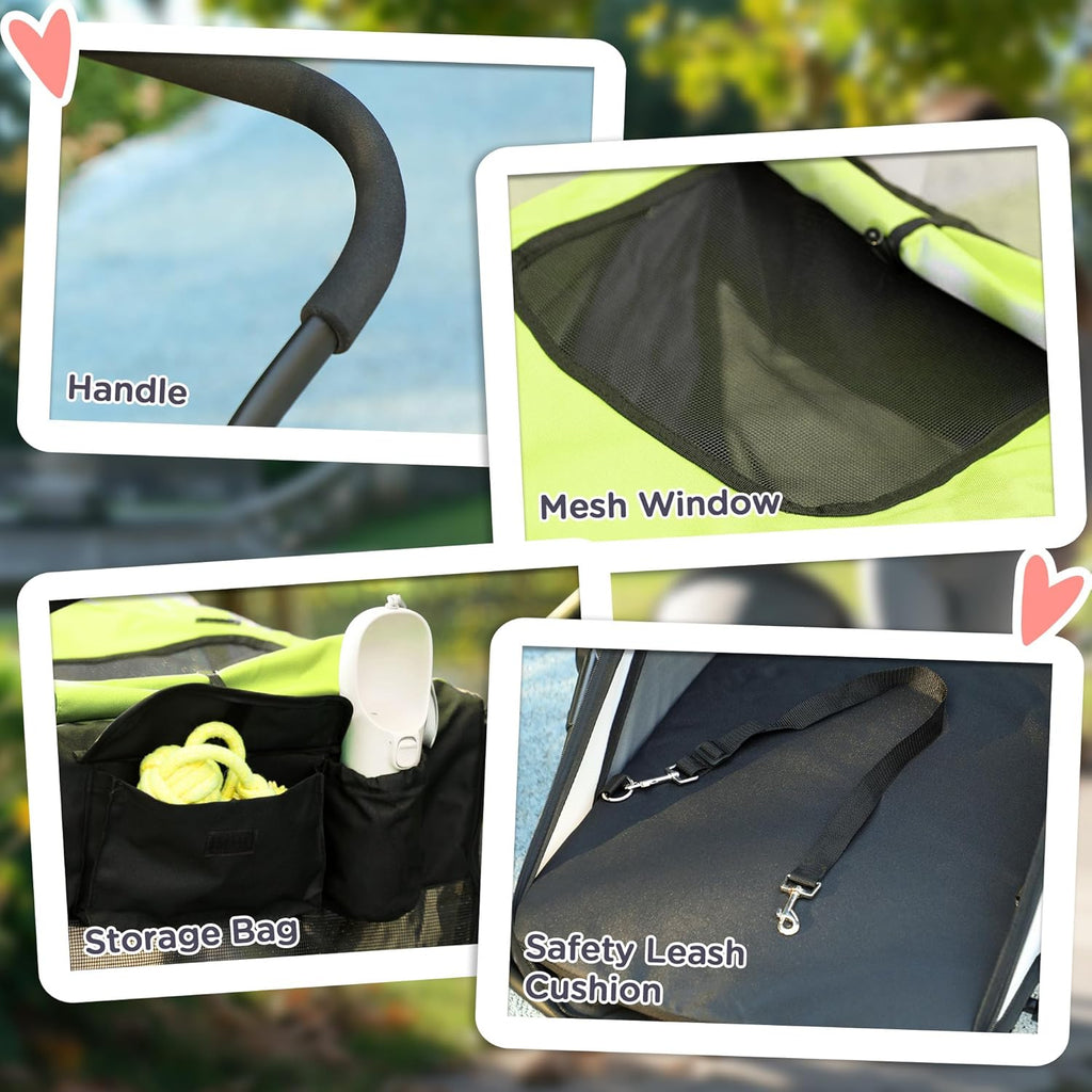 PawHut Dog Stroller, Pet Stroller 3 Wheels with Easy One-Hand Fold, Rubber Wheels, Storage Bag, Soft Cushion, Safety Leash, for Small & Medium Dogs, Yellowish Green