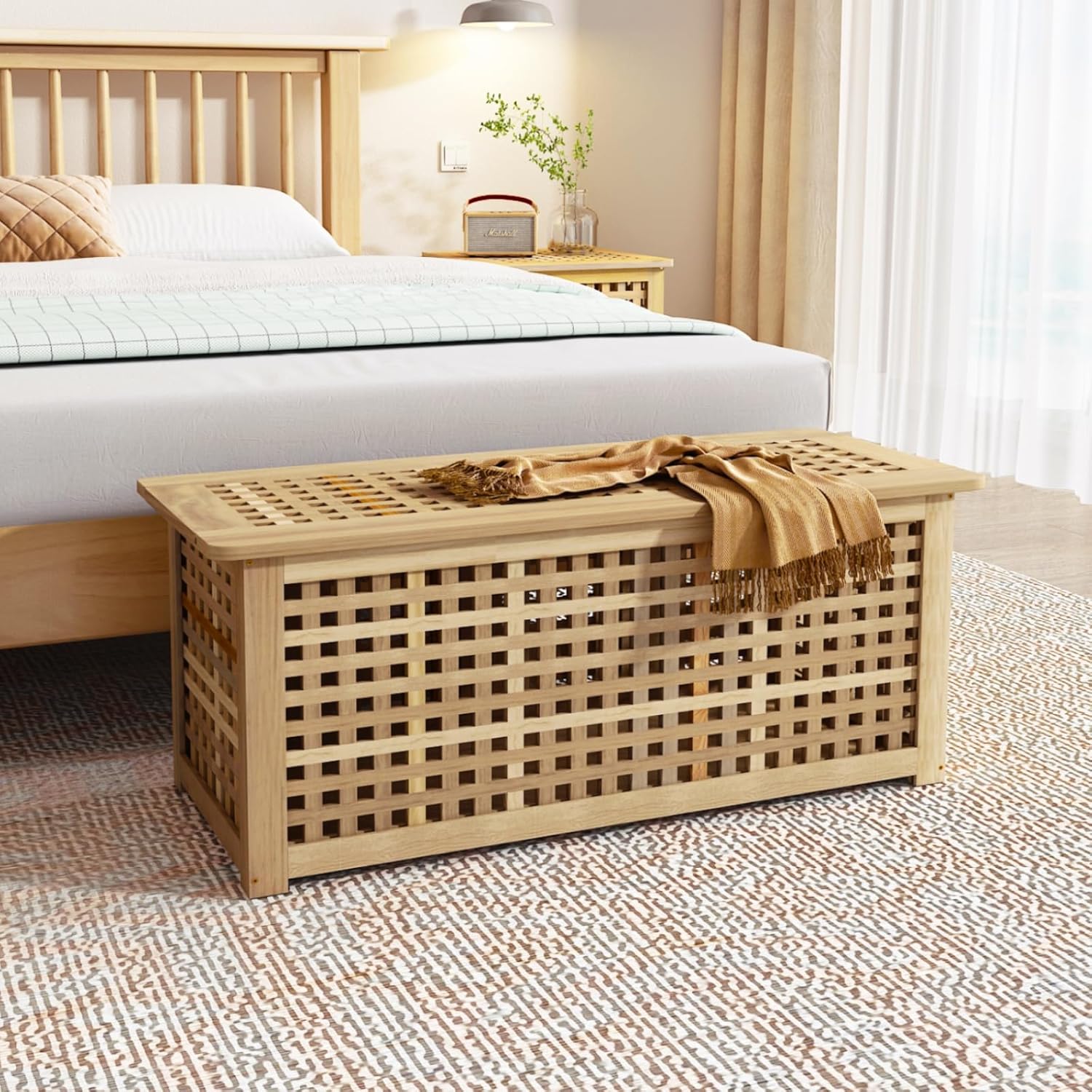 Bench with Storage, Acacia Laundry Hamper with Seat, Storage Benches with Seating for Entryway, Living Room, Bedroom, Bathroom (15.7x38.6x17.7in)