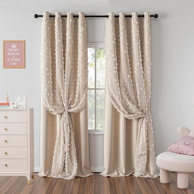 MYSKY HOME Beige Curtains for Bedroom 95 Inches Long Living Room Curtain with Beige Pom Pom Sheer for Dining Room Grommet Double Layer Nursery Curtain Toddler Room Darkening Window Drapes 52 Wide