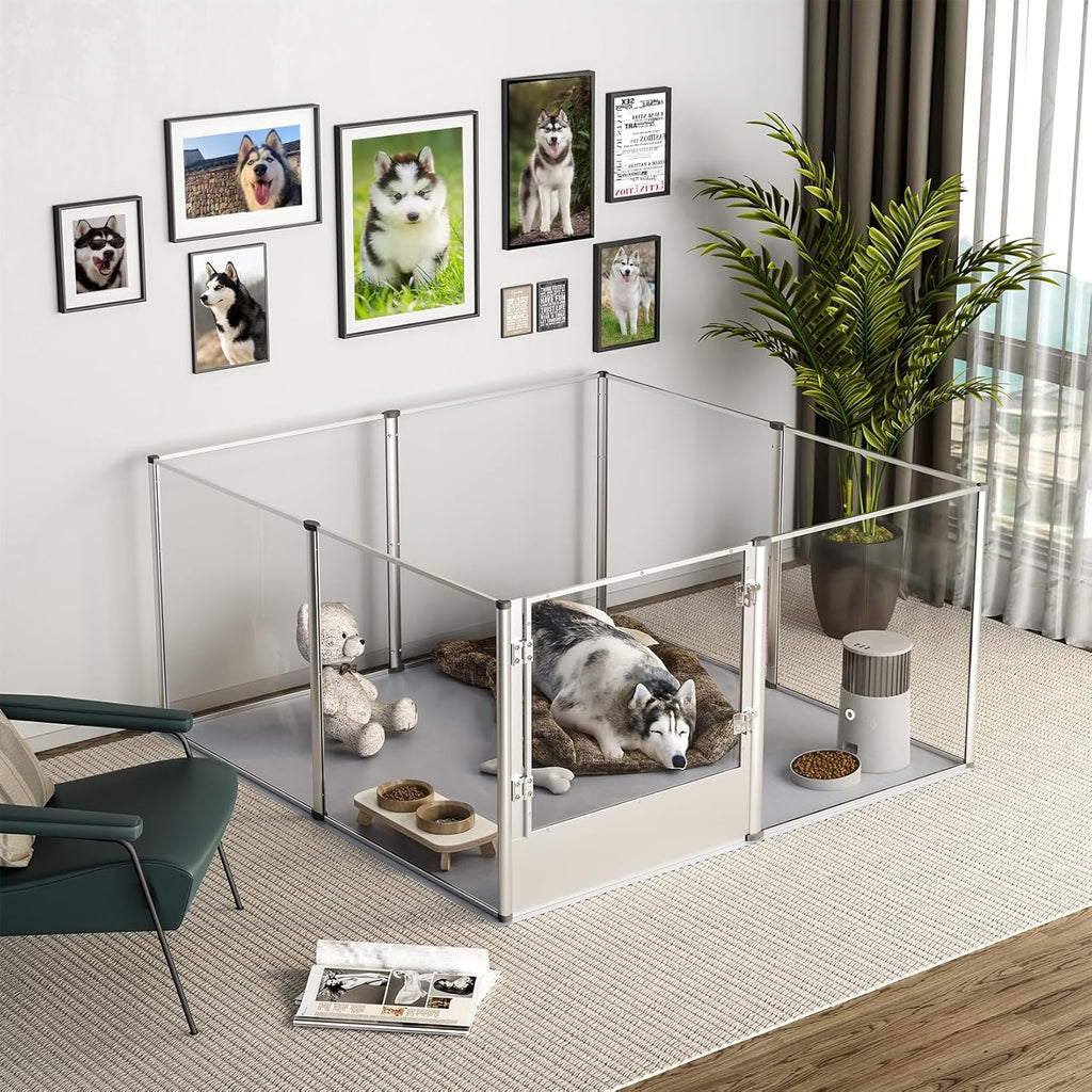 Dog Clear Playpen Fence Kennel: 32” Extra Tall Indoor Pet Birthing Cage Whelping Box with Waterproof Fertility Pad - 52”x52” Extra Large Dogs Exercise Crate Pen Made by Acrylic and Aluminum Frame