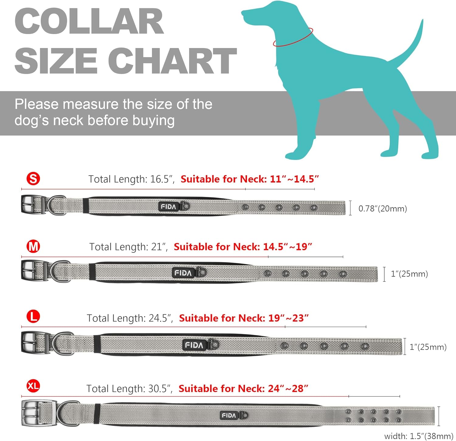 Fida Heavy Duty Dog Collar, Ultra Comfortable Soft Neoprene Padded, Adjustable Reflective Nylon Pet Collar with Durable Metal Belt Buckle for Large Breeds (L, Grey)