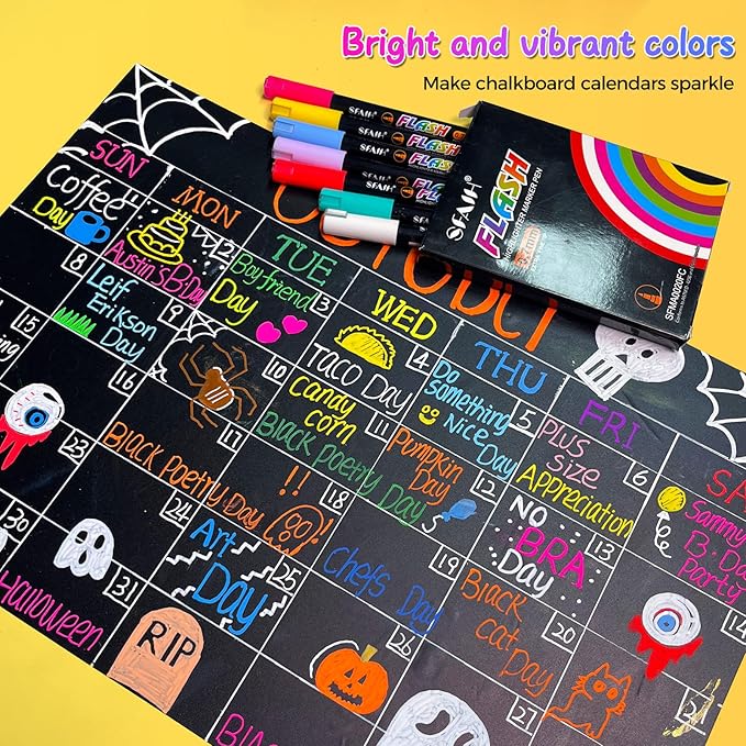 SFAIH Liquid Chalk Markers for Bhalkboard - [Highlighter Marker Pen for LED light board], 0.7-1mm Fine Tip, 30 Colors, Chalk Pens for Chalkboard, Calendar, Windows, Glass