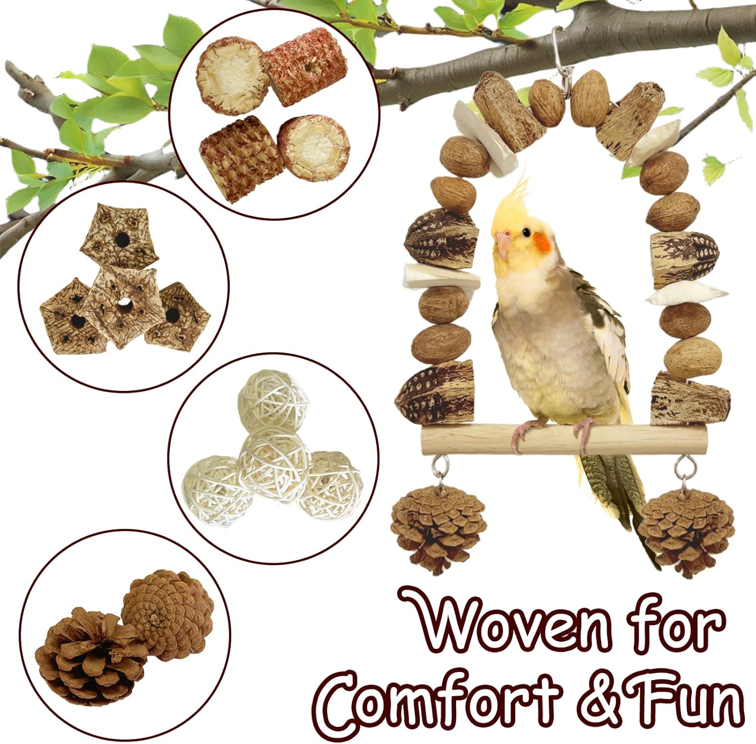 Nut Perch Stand with Interchangeable Materials – Natural, Safe Bird Playset for Beak Exercise & Mental Stimulation