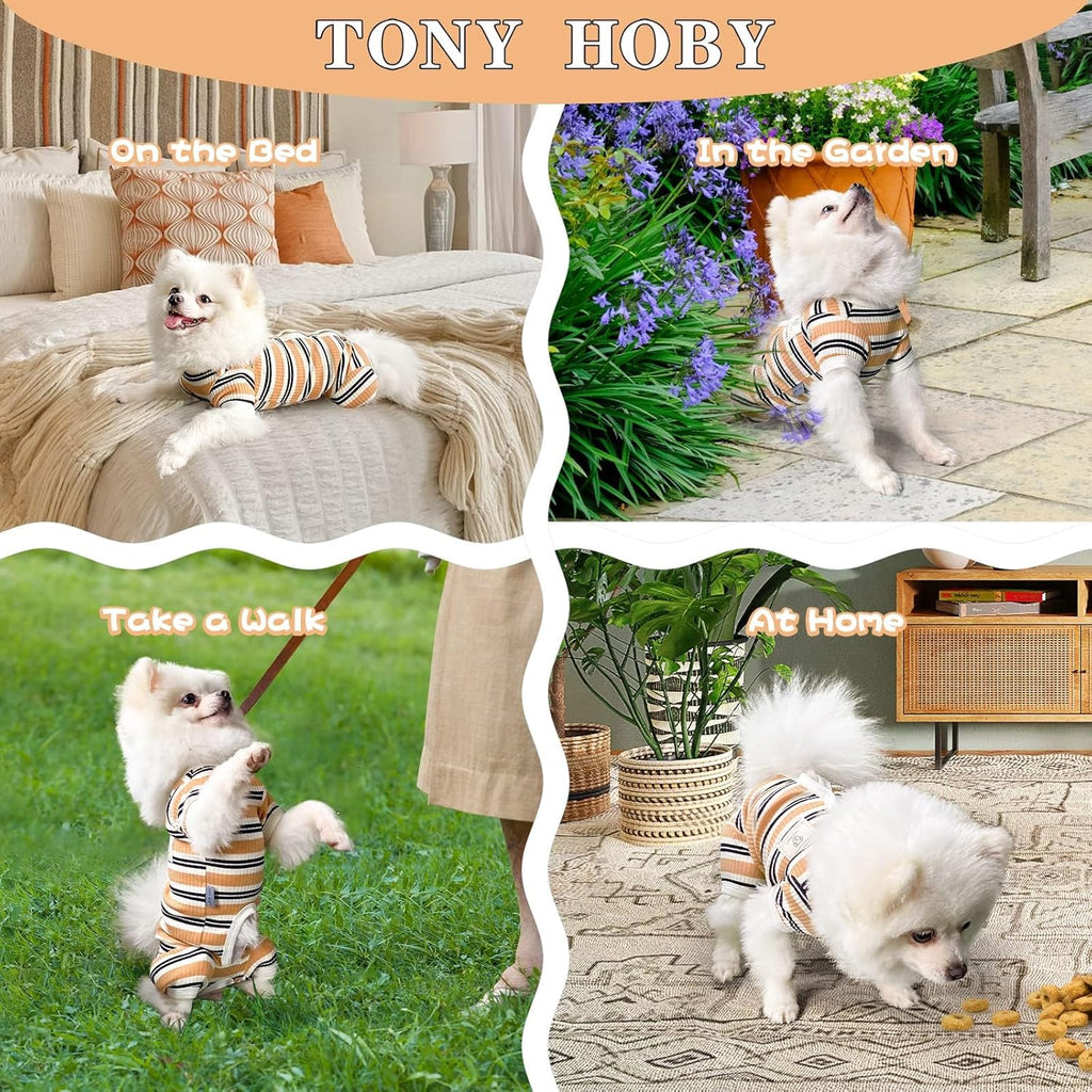 TONY HOBY Male Dog Pajamas, 4 Legged Dog Jumpsuit with Brown Stripe, Dogs Shirt for Small Medium Dogs (Brown, Boy, S)