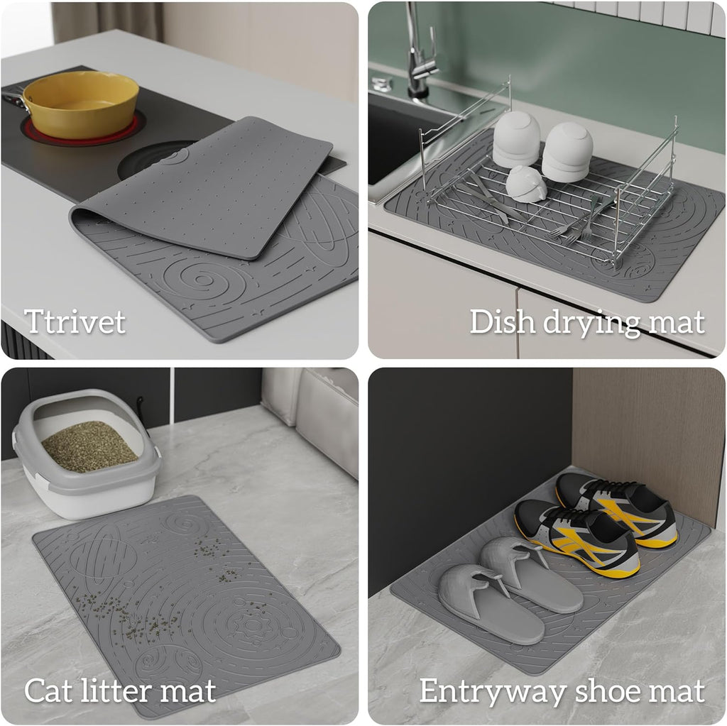 OHMO Dog Food Mat, Silicone Waterproof Cat Food Mat, Non-Skid Spill Proof Pet Feeding Mat for Food and Water, Easy to Clean Dog Placemat(Grey, 18.9" x 11.8")