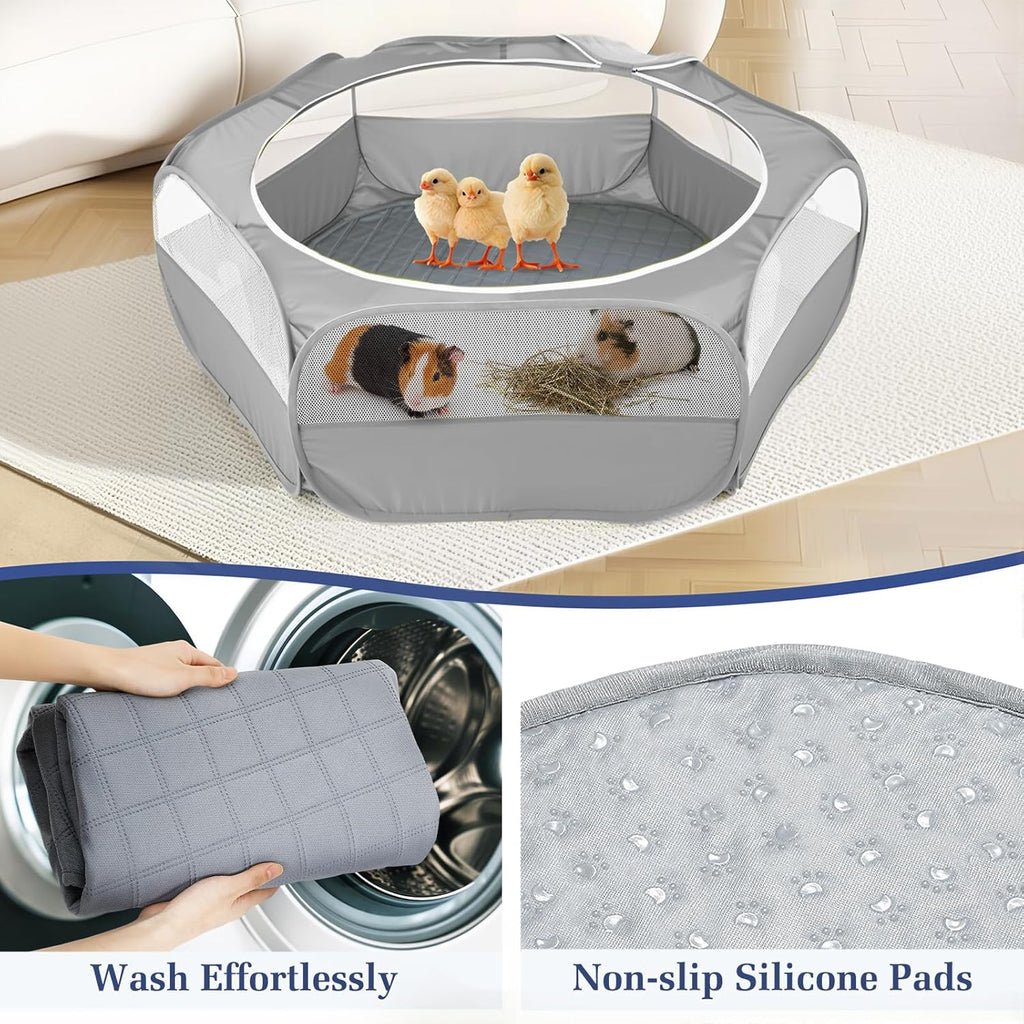 2-in-1 Small Animals Playpen with Pad, Waterproof Small Pet Cage Tent with Reusable Pad, Portable Outdoor Yard Fence with 3 Metal Rod for Chick/Kitten/Puppy/Guinea Pig/Rabbits/Chinchillas, Gray
