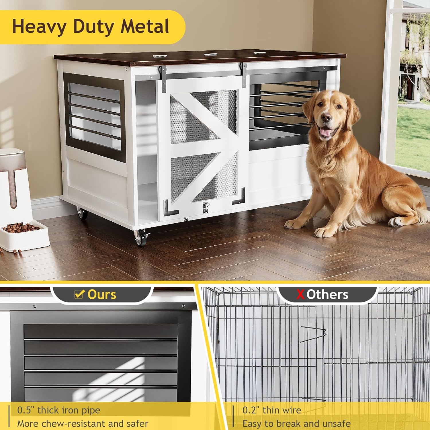 47 inch XL Dog Crate Furniture with Top-Access Teasing/Feeding Doors, Farmhouse Wooden Decorative Dog Crates with Wheels, Chew-Resistant Dog Crates End Table for Medium&Large Dogs, White