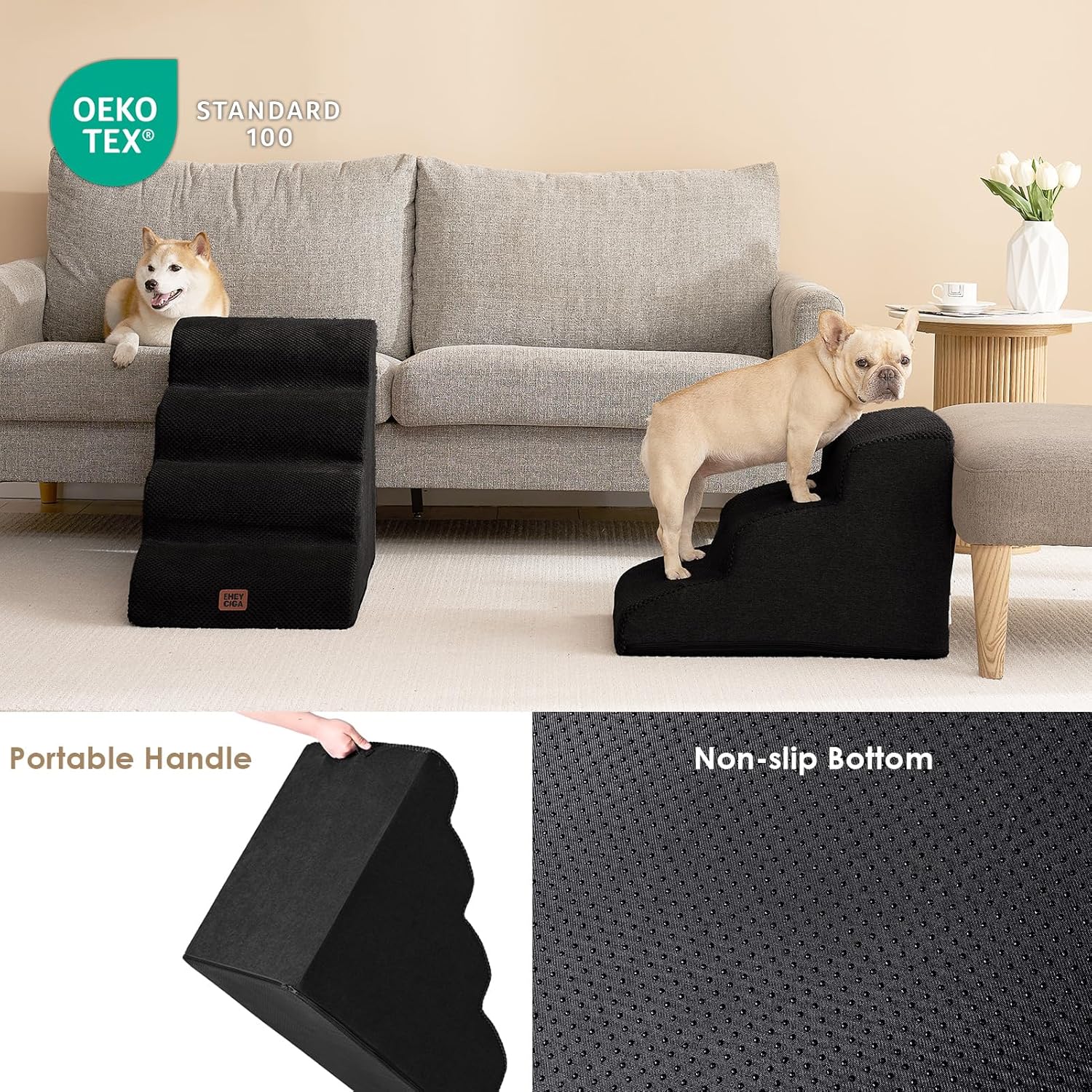 EHEYCIGA Curved Dog Stairs Ramp for Small Dogs 15.7" H, 3-Step Dog Steps for Couch Sofa and Chair, Pet Stairs for Cats, Non-Slip Balanced Pet Steps Indoor, Black