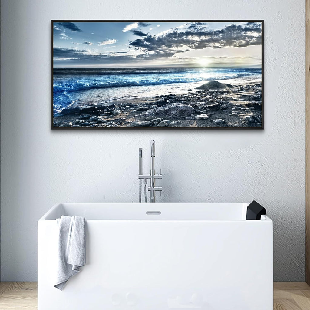 Wapluam Large Canvas Prints Wall Art For Living Room Wall Decorations For Bedroom Office Wall Decor Scenery Wall Painting Blue Sea Pictures Artwork For Fashion Black Framed Beach Posters Home Decor