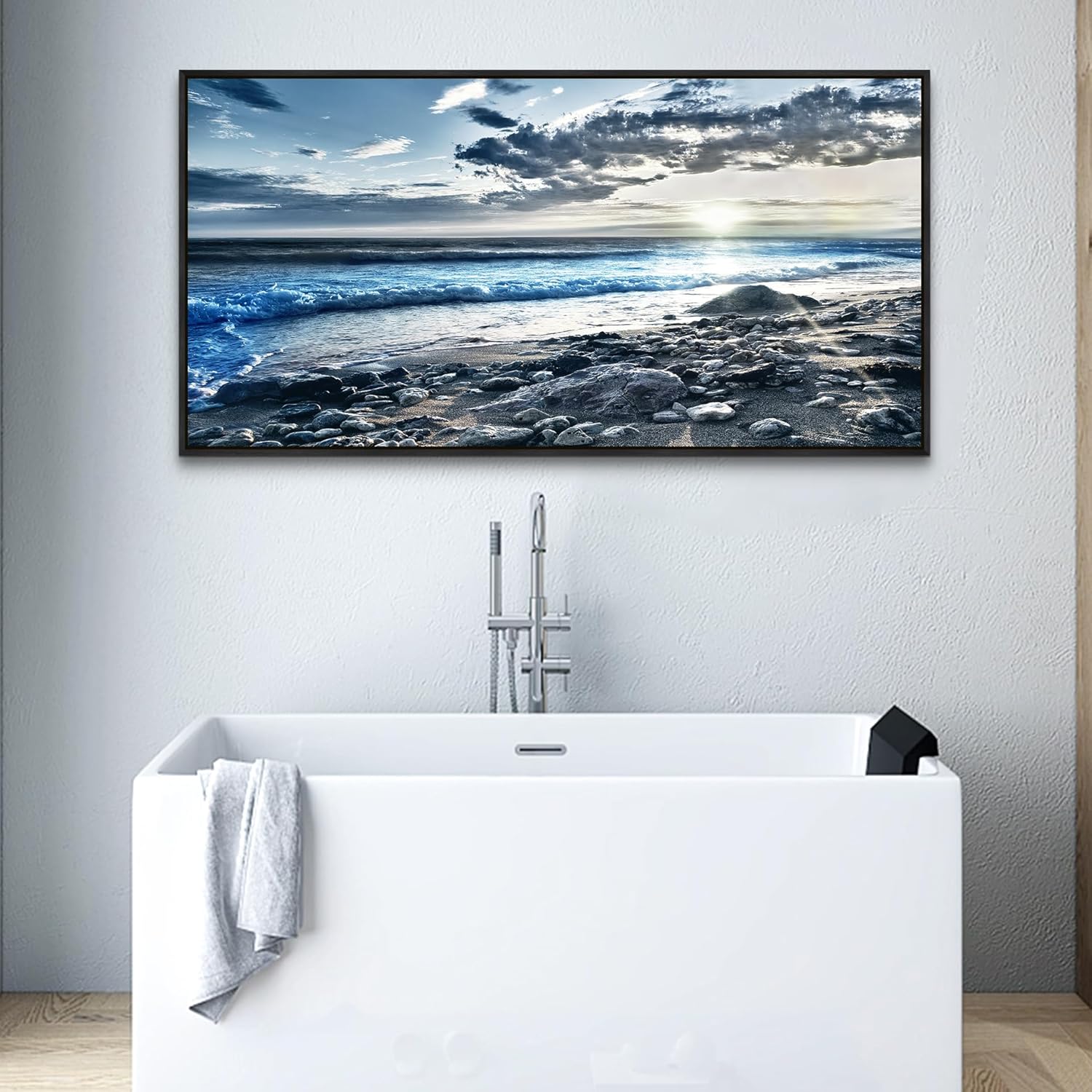 Wapluam Large Canvas Prints Wall Art For Living Room Wall Decorations For Bedroom Office Wall Decor Scenery Wall Painting Blue Sea Pictures Artwork For Fashion Black Framed Beach Posters Home Decor