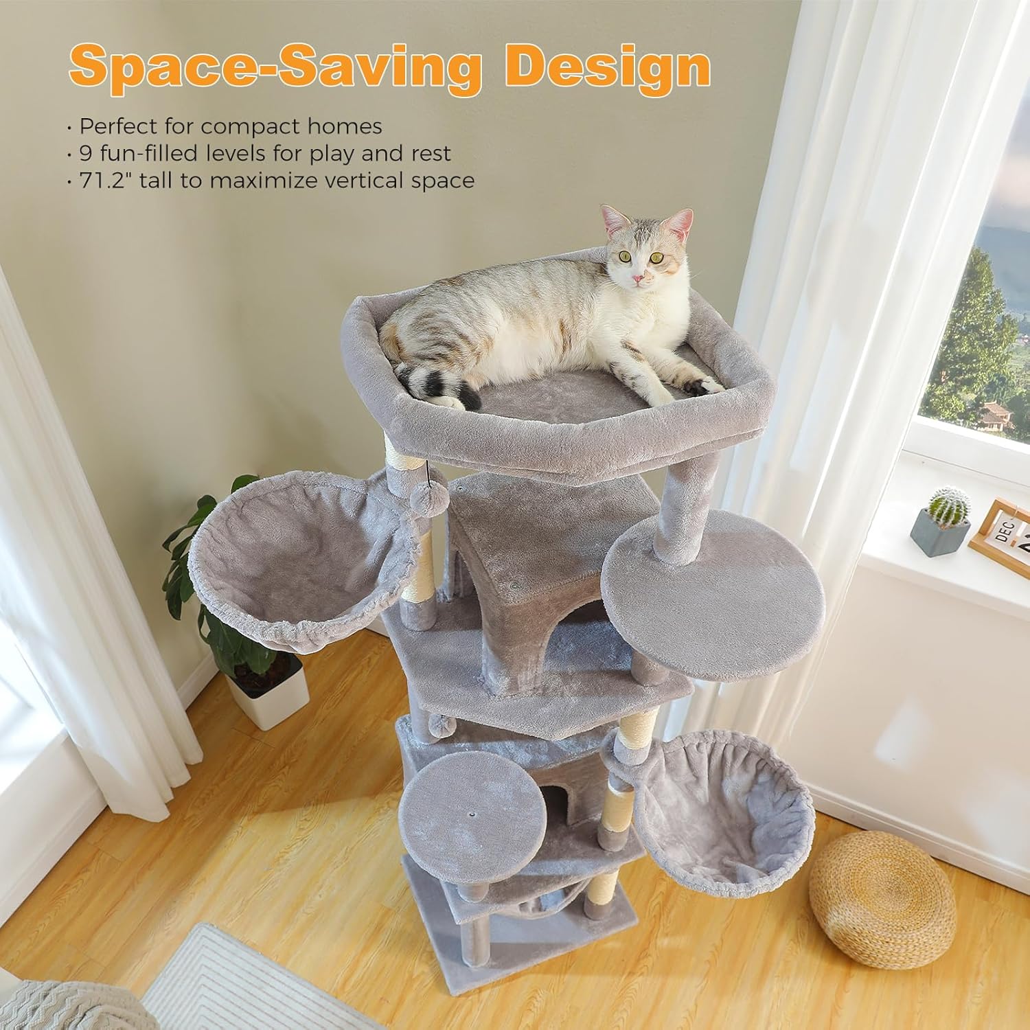 71.2" Tall Cat Tree for Indoor Cats - 9-Level Multi-Cat Tower w/5 Sisal Scratching Posts, 2 Condos, 3 Hammocks, Perch & Pom Poms - Heavy-Duty for Adult Cats, Space-Saving Plush Gray
