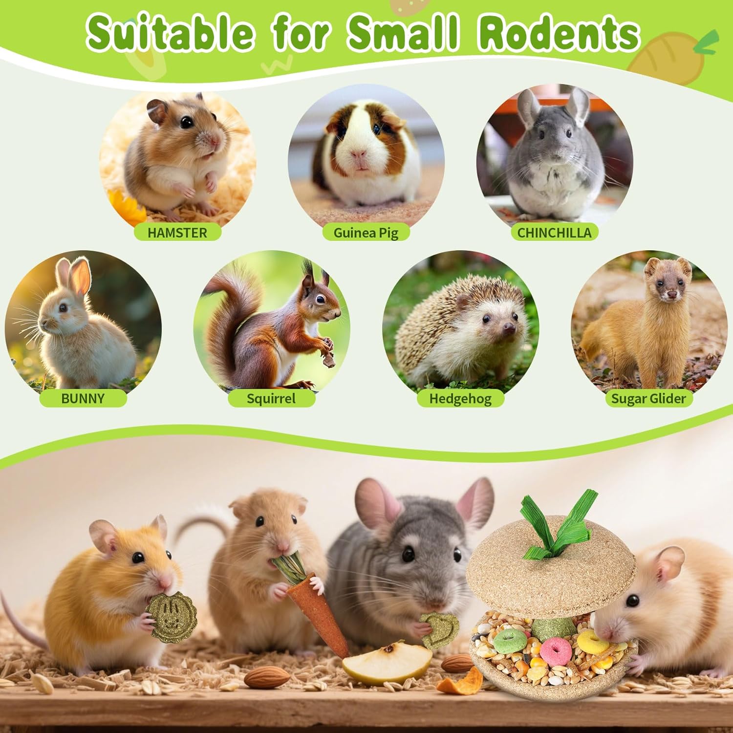 10 PCS Guinea Pig Chew Toys for Teeth, Rabbit Chew Toys Contain Natural Timothy Apple Core, Grass Cake, Carrot and Strawberry;Hamster toys for Bunny Chinchilla Gerbil Dental Care & Treat Teething