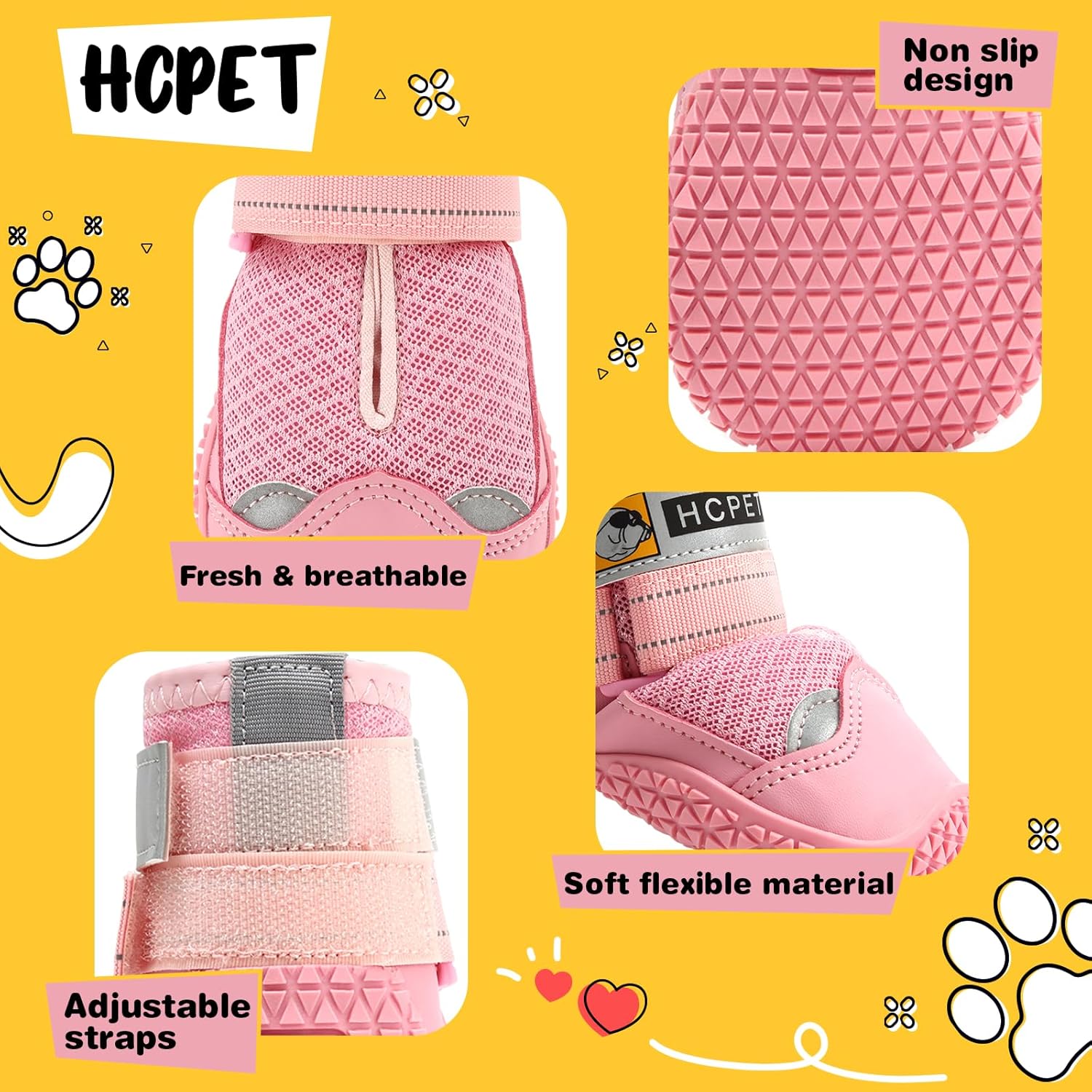 Hcpet Dog Shoes for Large Dogs, Breathable Dog Booties for Small Medium Dogs, Anti-Slip Dog Boots & Paw Protectors for Hot Pavement Winter Snow Hiking with Reflective Straps Pink Size 7