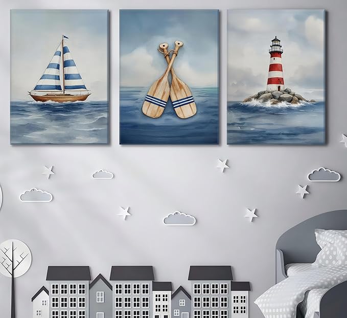 Blue Nautical Nursery Wall Art Vintage Sailboat Lighthouse Pictures Wall Decor Boy Coastal Posters Navy Sea Ocean Canvas Print Artwork for Kids Boys Room Playroom Bedroom Decor, Framed