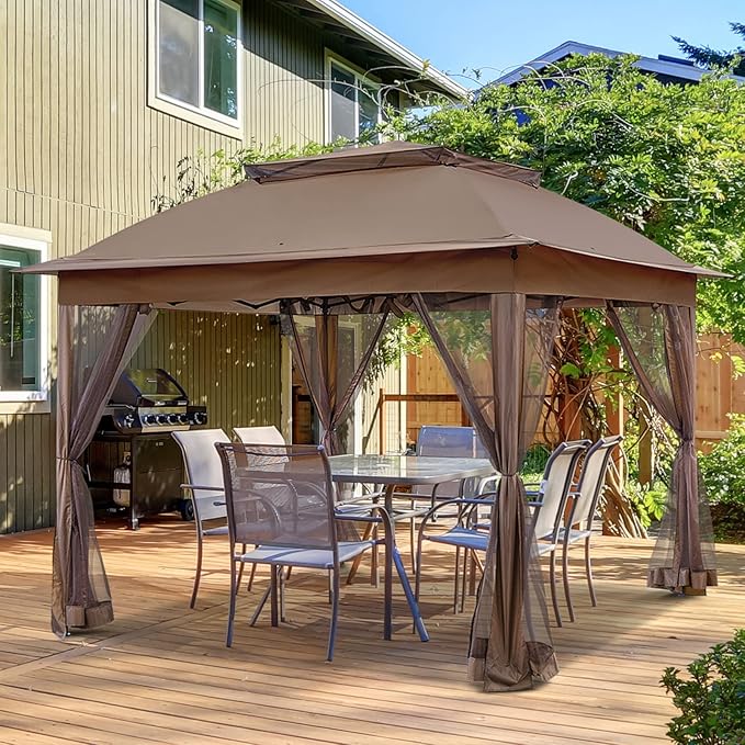 EAGLE PEAK 11x11 Pop Up Gazebo with Mesh Netting, Easy Up Screened Canopy for Patio and Backyard, Easy Set up Outdoor Gazebo (Brown)