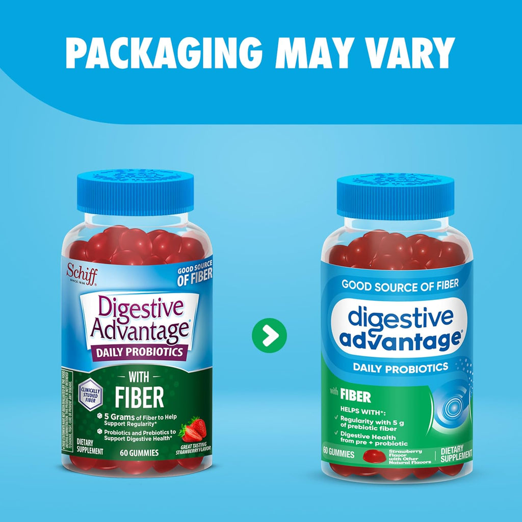 Digestive Advantage Prebiotic Fiber Gummies + Probiotics for Gut Health, 5g Prebiotic Fiber Plus 1 Billion CFU Probiotic, Supports Digestive Health & Regularity, (60ct Bottle) Strawberry Flavor*