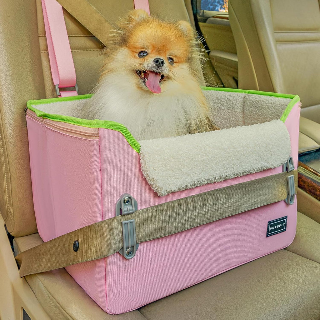 PETSFIT Small Dog Car Seat, Patent Safe Buckles Dog Booster Car Seat, Cat Car Seat with Safety Belt, Suitable for Small Pets Up to 25lbs (Pink)